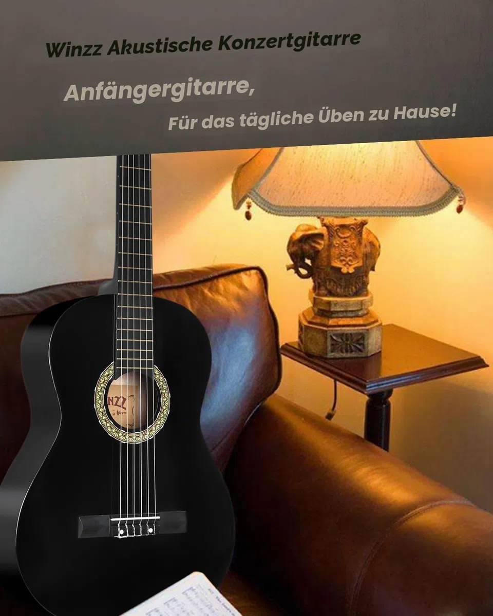 Winzz Konzertgitarre 4/4 Erwachsene, Klassische Gitarre Anfänger Set für Kinder ab 11+ Jahre - Schwarz Glänzend (39 Zoll)