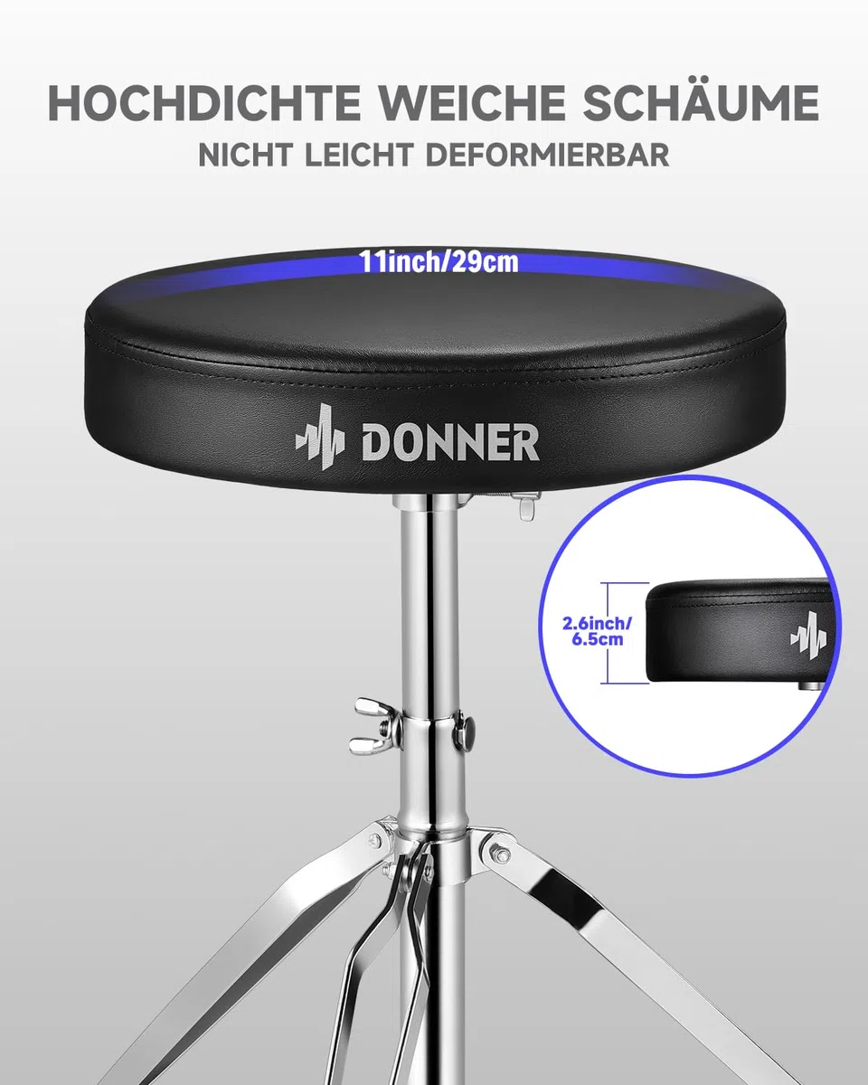 Donner Drumhocker mit Ahorn Holz Drumsticks, Schlagzeughocker Höhenverstellbar 48-58 cm für Elektronisches Schlagzeug, Drum Set, Maxi Belastung 90 kg