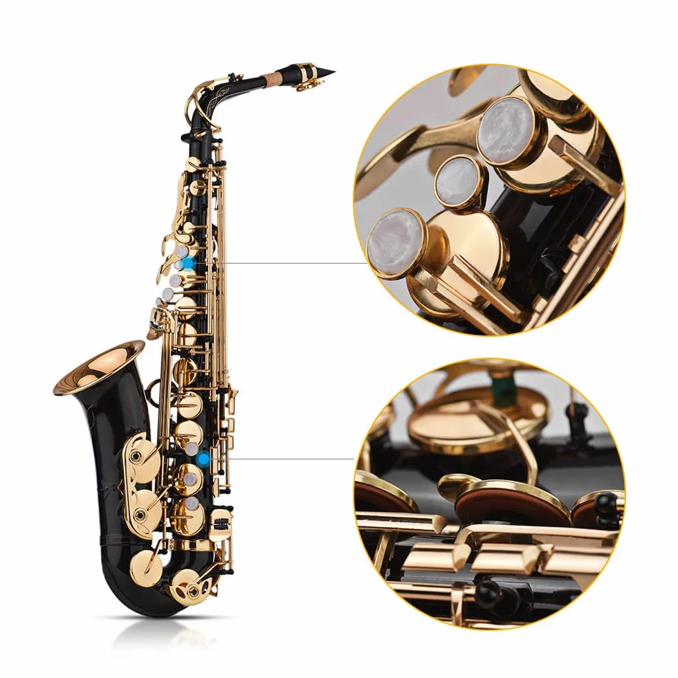 Saxophon Eb Alto Sax Brass lackiert Gold 82Z Key mit gepolsterter Handschuhe Reinigungstuch Bürste Saxophonriemen Schilf