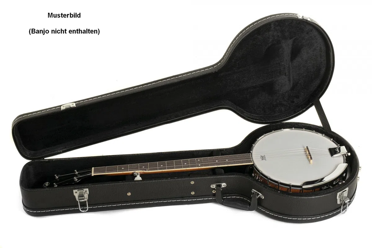 Banjokoffer Hartschale Vinyl Schwarz – Für 4 5 6-saitige Banjos – Holzkern, Plüsch-Innenfutter, Zubehörfach, Schloss, Griff, Füße – Stabiler Transportkoffer für Banjo mit verchromter Hardware