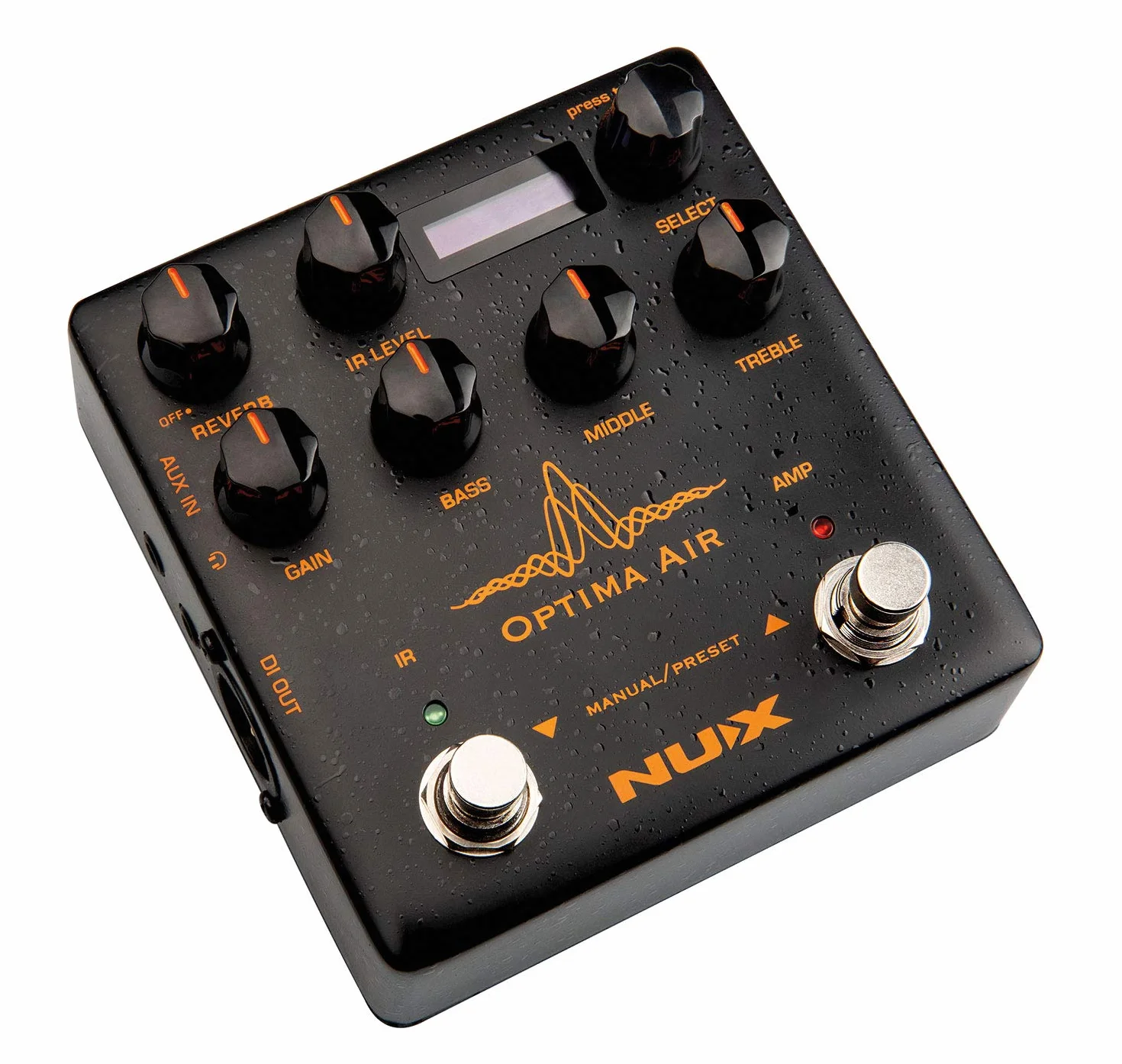 Nux NAI-5 Optima Air, Akustikgitarren-Simulator (mit 2 Schaltern und 1 Vorverstärker, 3 Band-EQ, Gain control, Reverb, IR und AMP Footswitch, Micro B USB Port, 3,5mm In-und Output), Schwarz/Orange