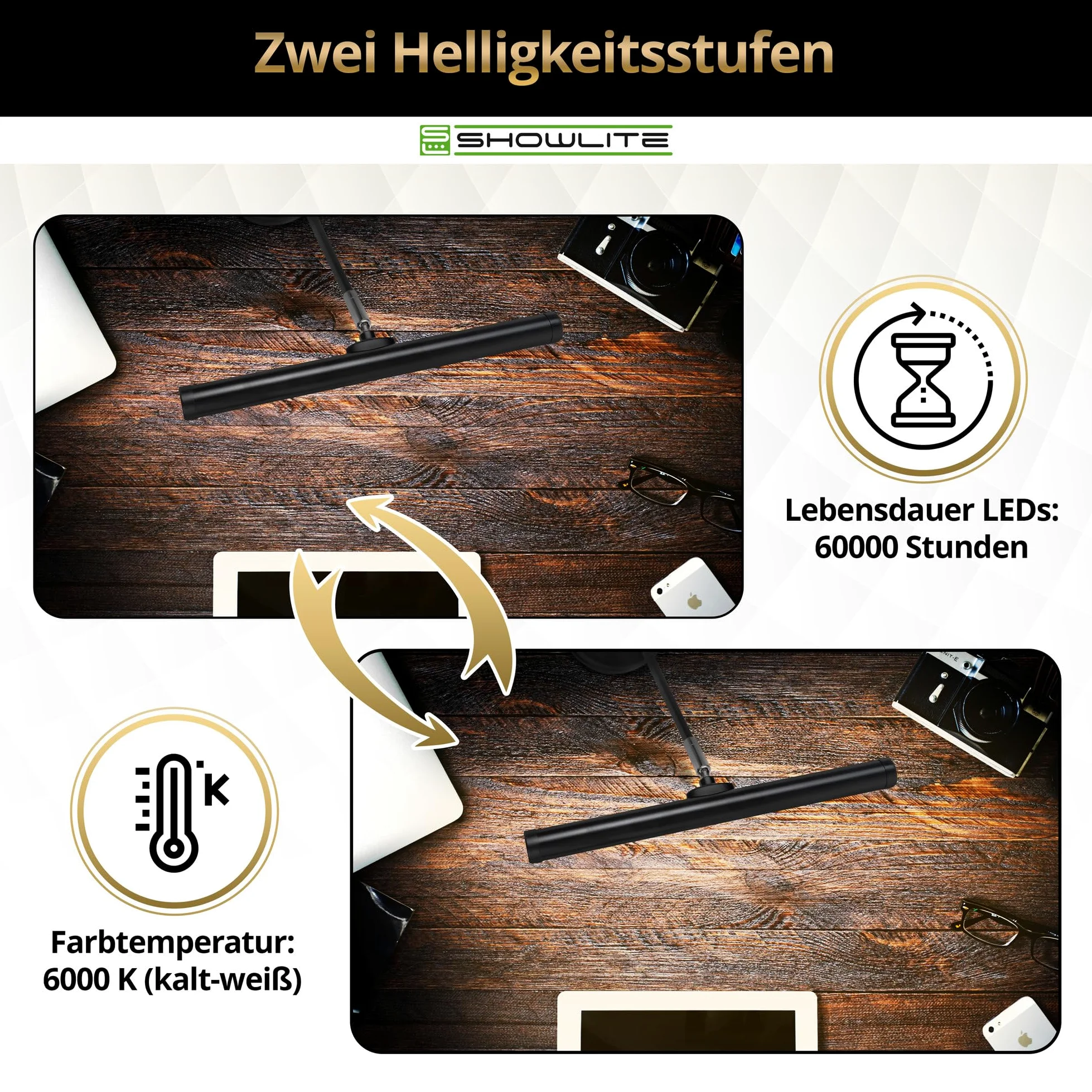 Showlite PL-1-BK-KW LED Klavierleuchte 36 cm kaltweiß 15 LEDs USB Netzstrom Batterie schwarz