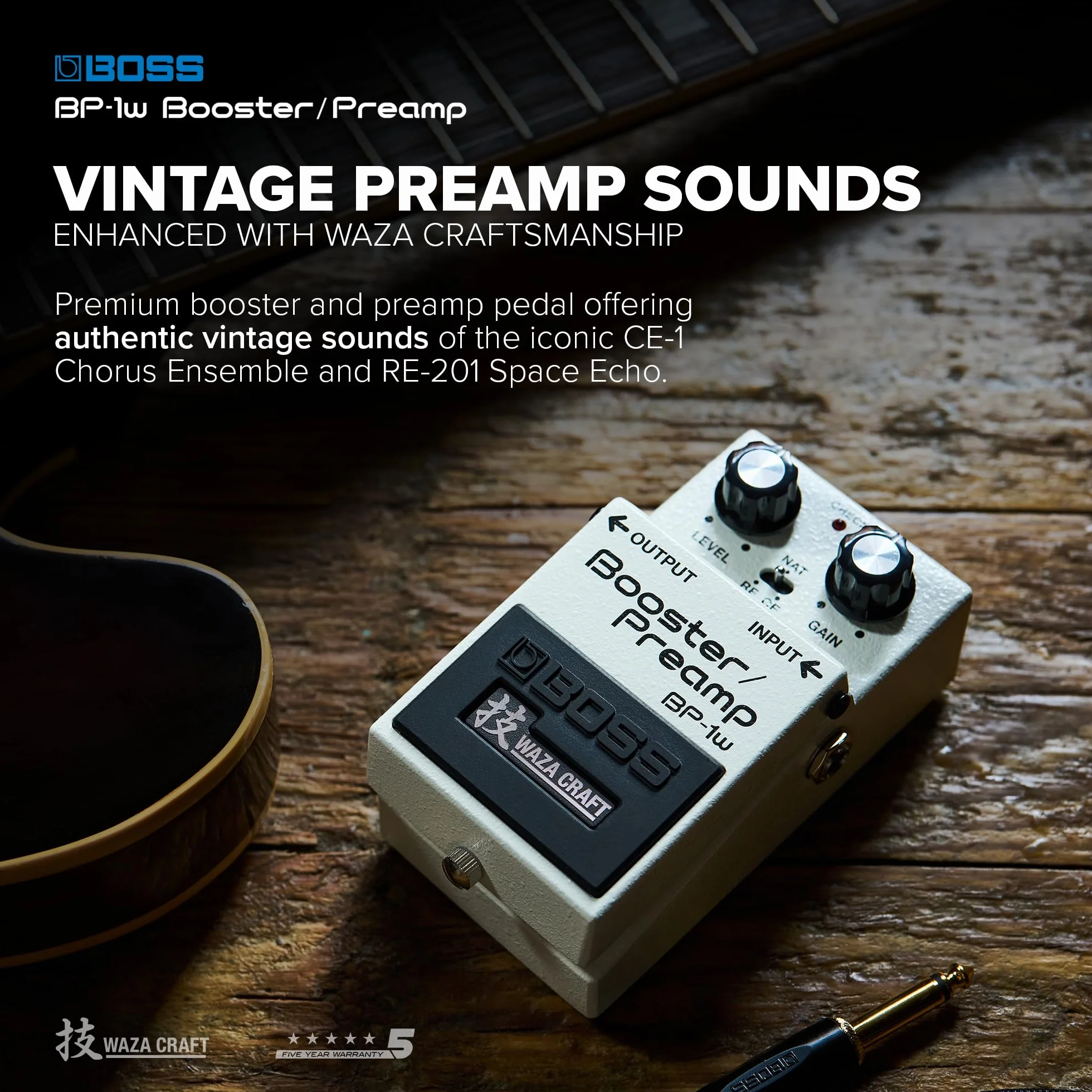 BOSS BP-1W Booster/Preamp, Premium Waza Craft Gitarren-Effektpedal mit analoger Schaltung, Vintage-Sounds CE-1 Chorus Ensemble & Roland RE-201 Space Echo, Standard- & Vintage-Buffer