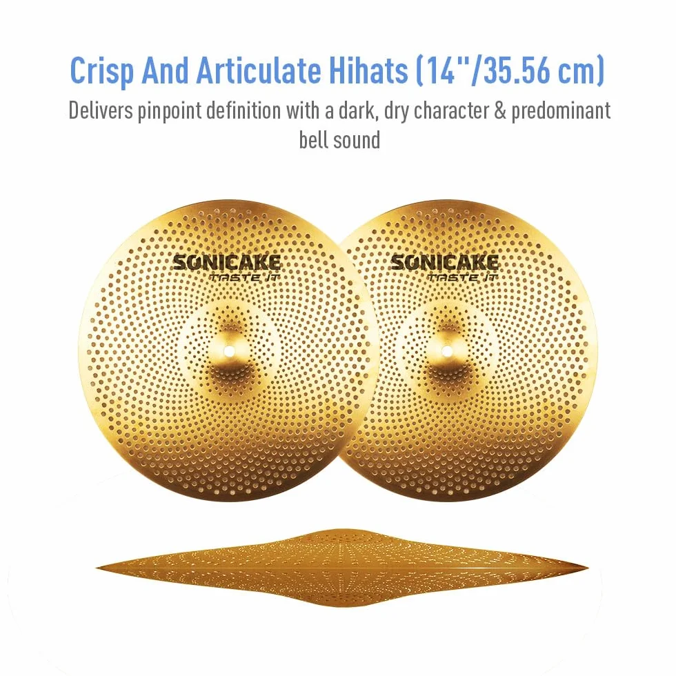 SONICAKE Cymbal Set Low Volume 14" HiHat 16" Crash 18" Crash 20" Ride Beckenset Golden 5 Stücke mit Tasche