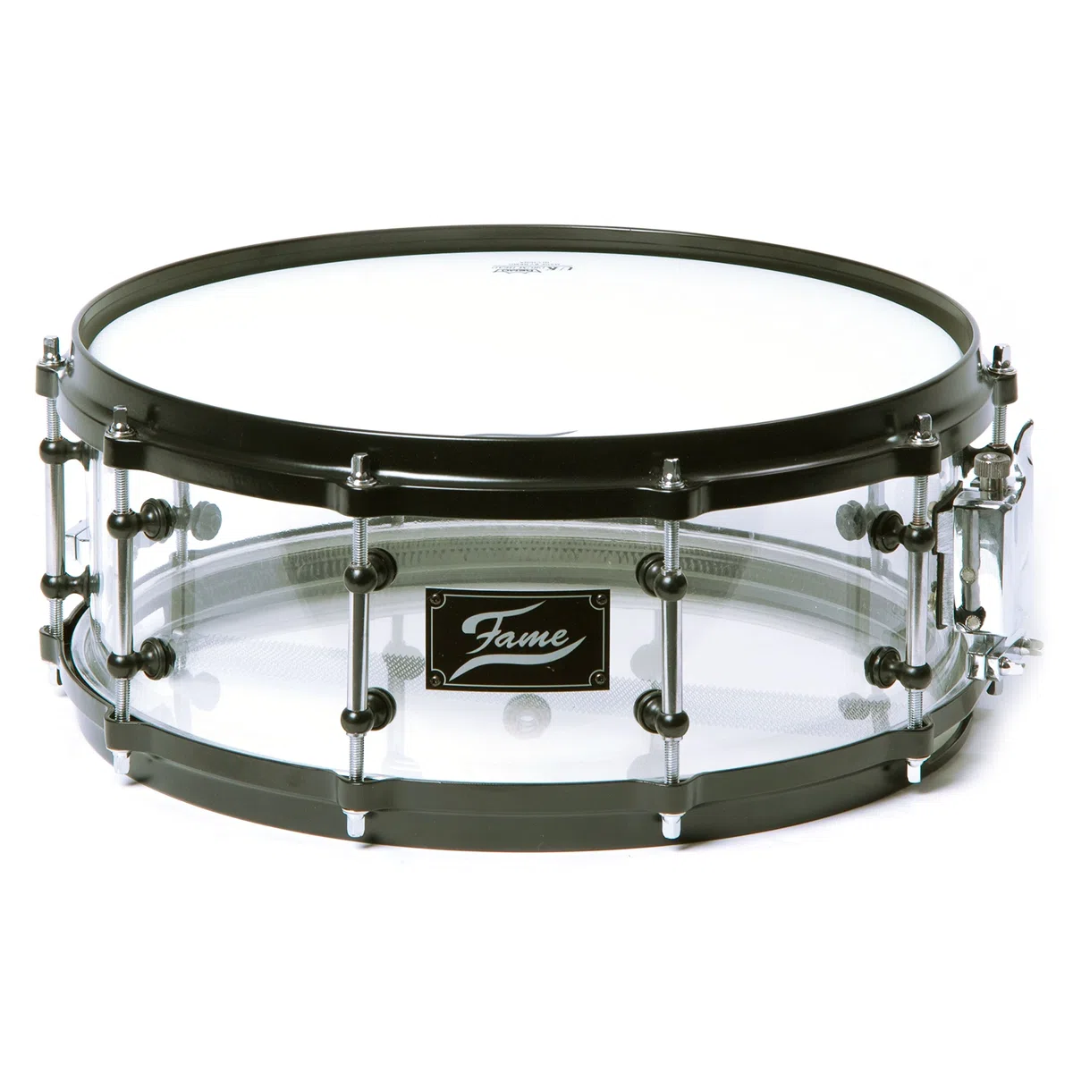 Fame Acryl Snare Drum, 14"x5.5", Transparent Clear, Black HW, Stahl Spannreifen, Tube Style Böckchen, Preisbrecher, Erstaunliche Resonanz und Optik"