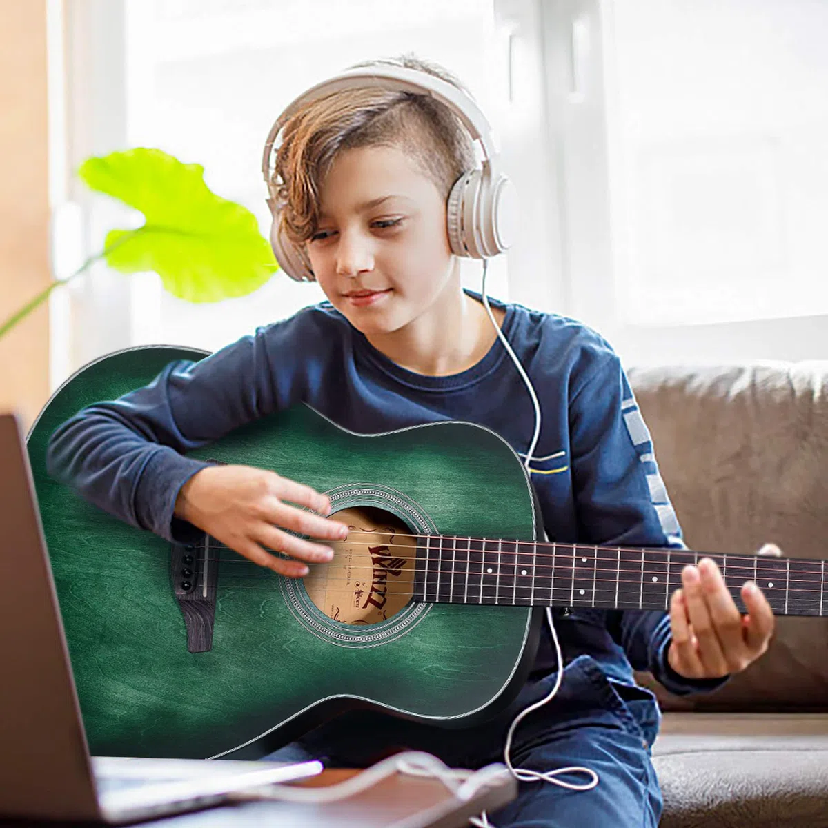 Winzz Akustik Gitarre 3/4 Kinder, Kleine Westerngitarre für Anfänger Erwachsene mit Multifunktionales Metronom, Blau-grün Reisegitarre Set 36 Zoll