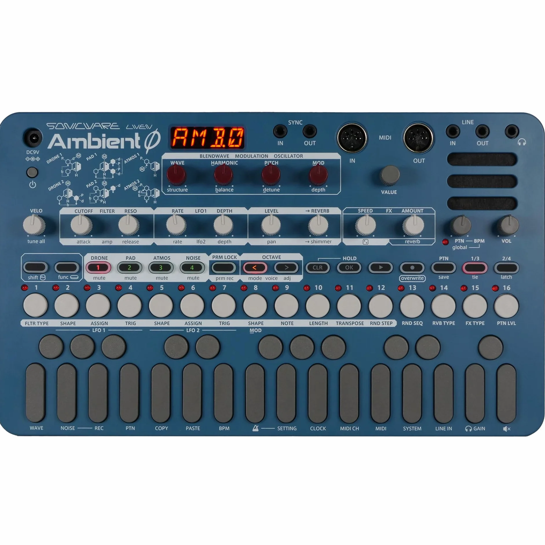 Sonicware LIVEN Ambient Ø Soundscape Synthesizer 128 Sound Pattern Paletten Drone Pad Atmos Layers 9 Reverb Effekte 4-Spur Sequenzer