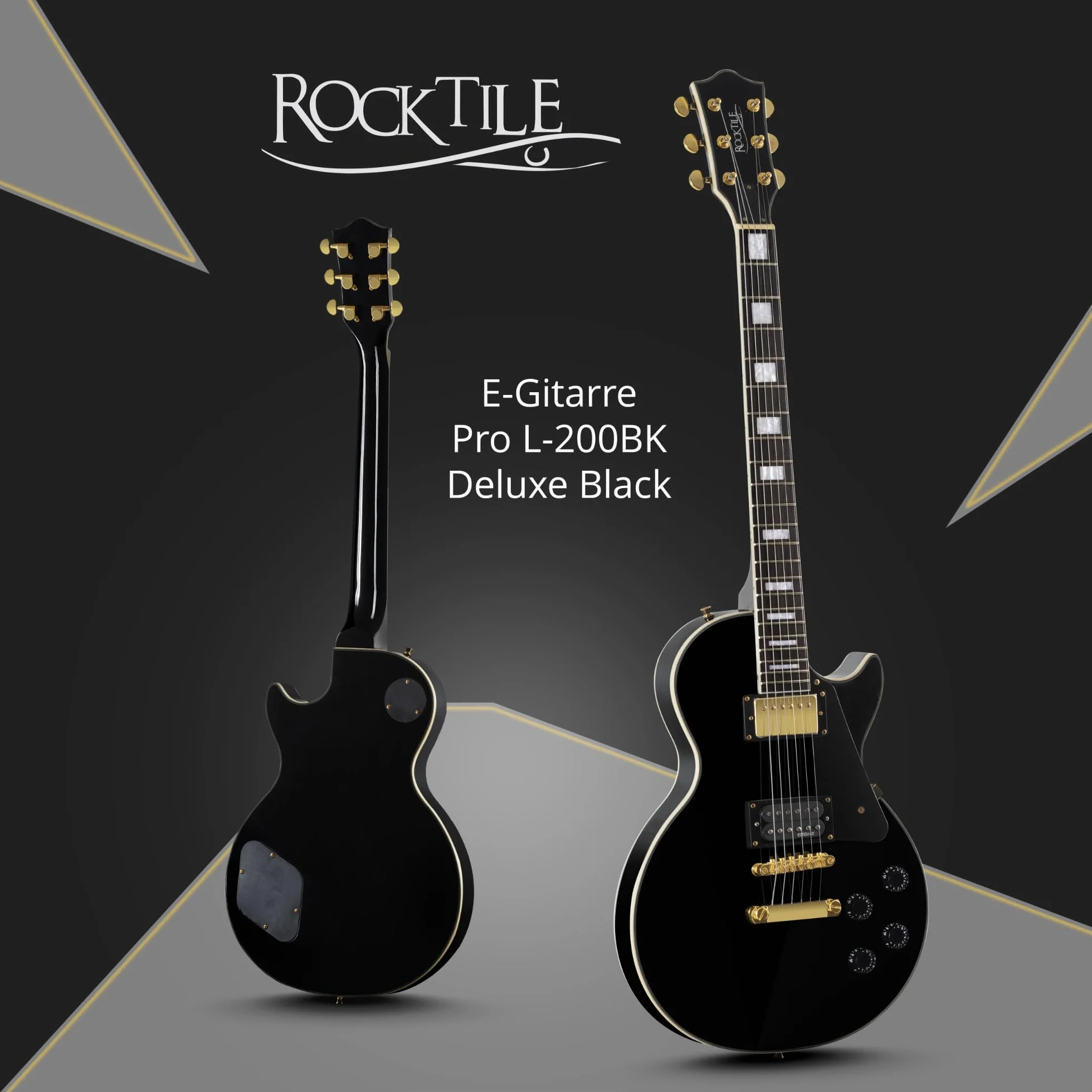 Rocktile Pro L-200BK Deluxe E-Gitarre Black mit Zubehör (Gitarren Gigbag Tasche, Kabel, Plektren, Gitarren Schule mit CD & DVD, Gitarrensaiten)
