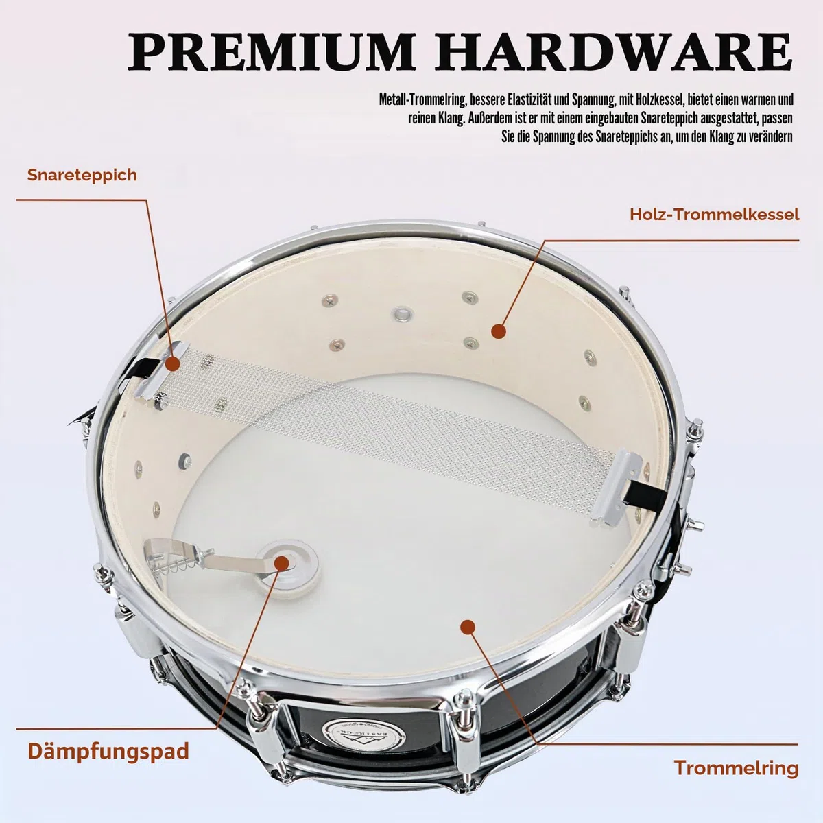 EASTROCK Snare Drum 14x5.5 Zoll mit Gigbag, Drumsticks, Schlagzeugtasten, Schwarz