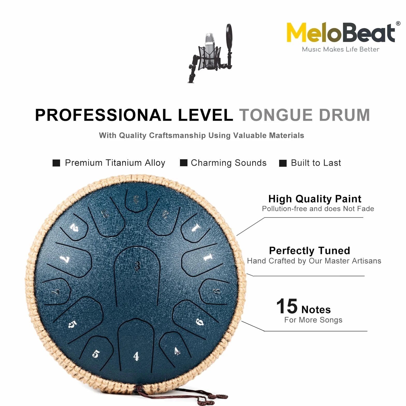 MeloBeat Zungentrommel 13 Zoll 15 Töne D Dur - Steel Tongue Drum Handpan Set inkl. Liederbuch, Schlagzeug Sticks, Tragetasche (Dunkelblau)