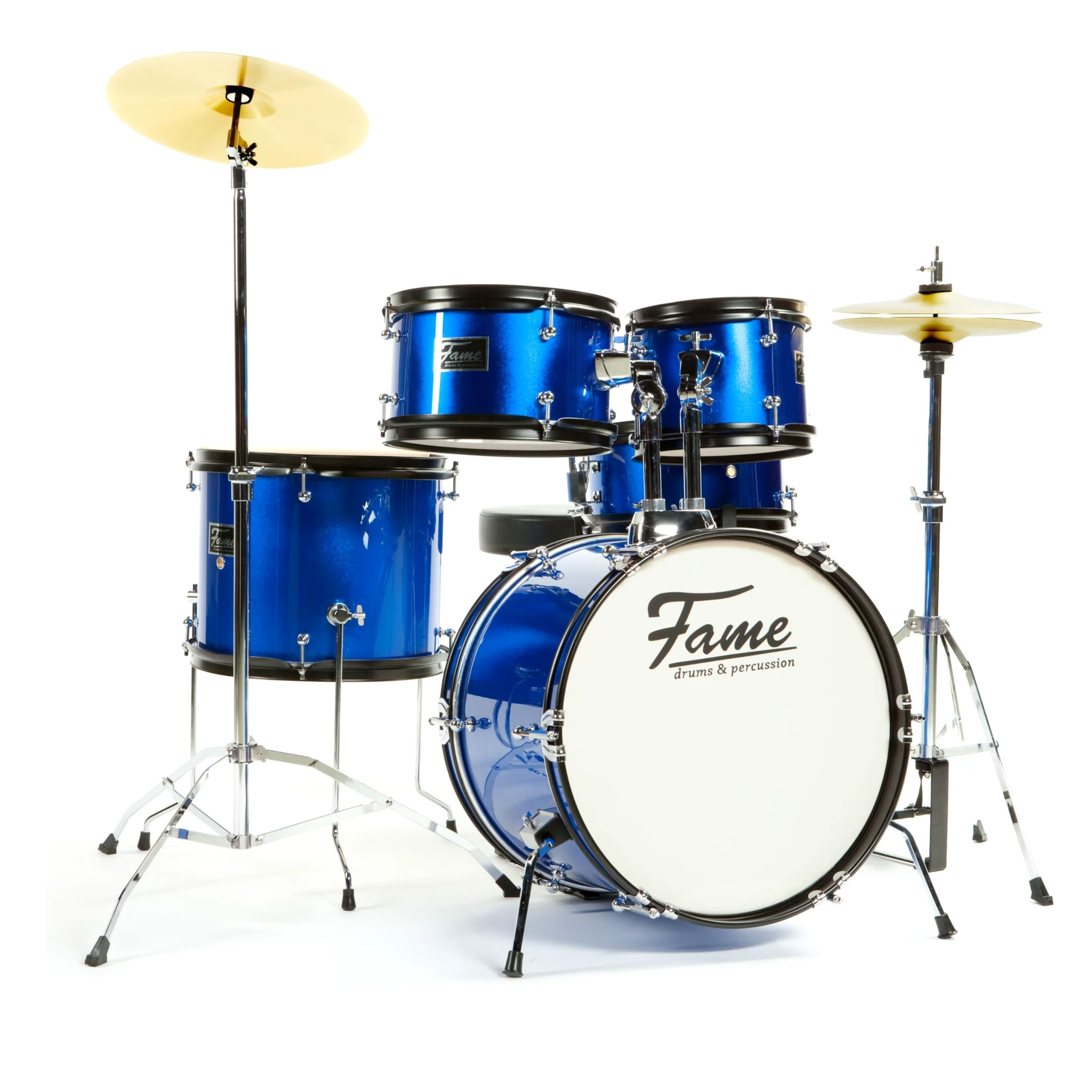 Fame 5 PC Drumset Blue, Schlagzeug mit Bass Drum, Tom-Tom, Snare, Hardware und Hocker, inkl. Zubehör und Drumsticks