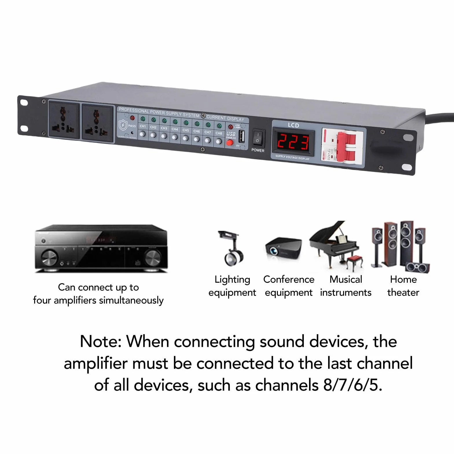 Denash Stromsequenz -Controller, 10 -Kanal -Leistungssequenzer mit Digitaler Spannungsanzeige, 10 -Auslass -Rack -Breitstreifen, Überspannungsschutz, 15A 6 -Fuß -Netzkabel (EU-Stecker)