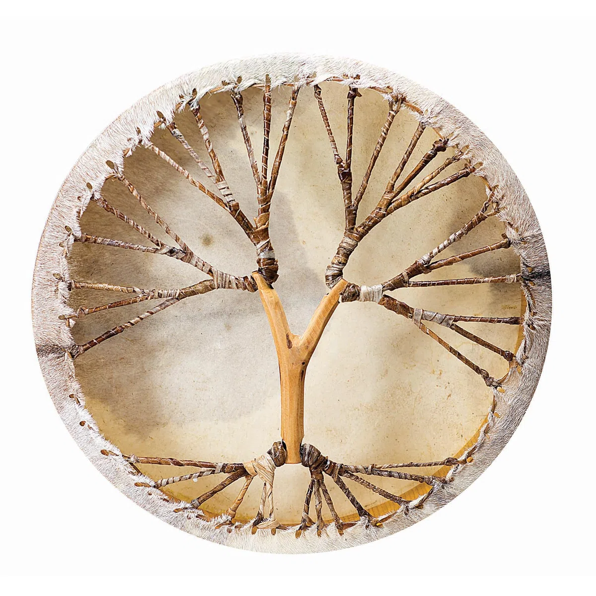 Schamanentrommel Ziegenfell Ø 50 cm mit Griff im Baum Stil Rahmentrommel im mysevendo Set Rund Shaman Drum Goat Skin inkl. Stick