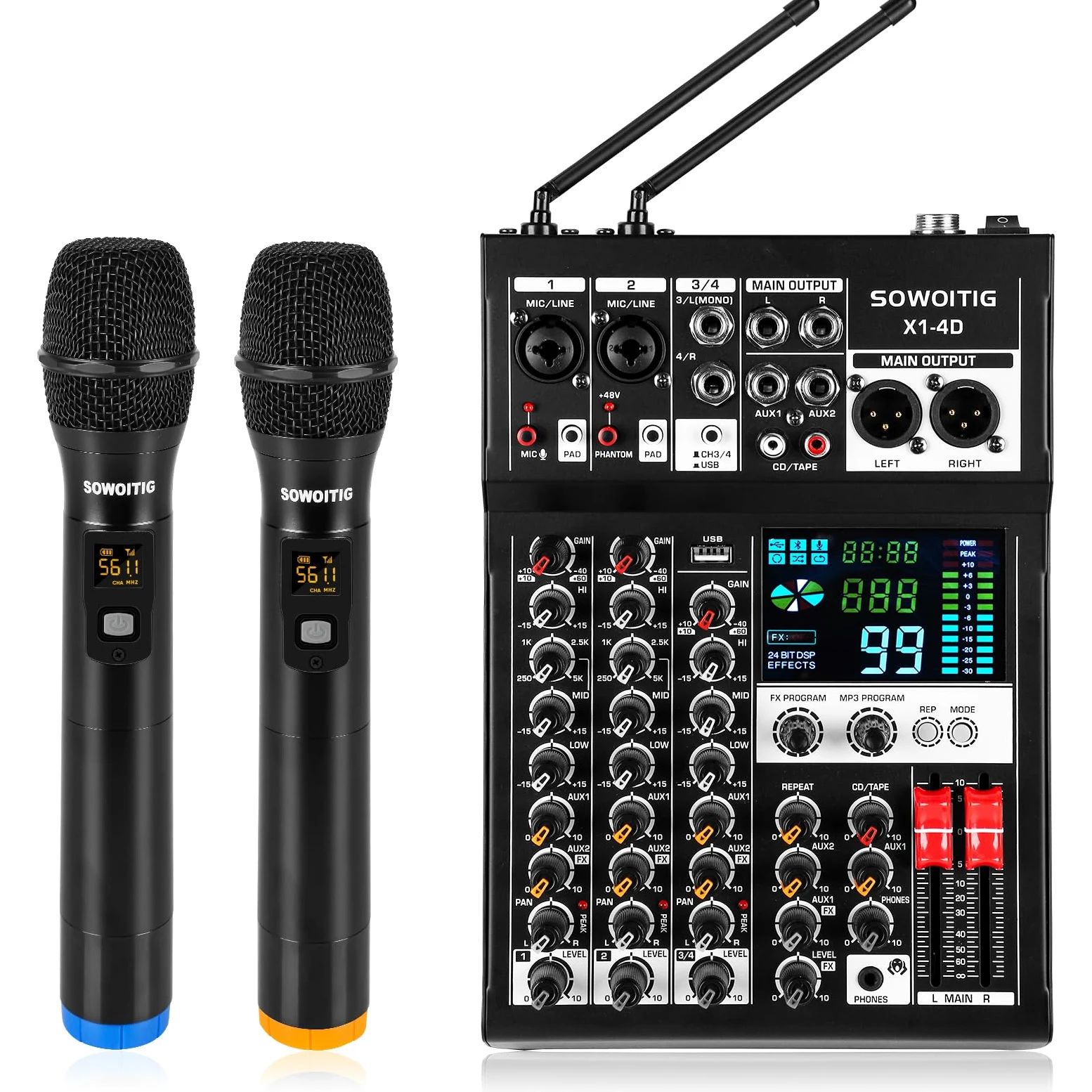 4-Kanal-Audiomixer mit 2 Kabellosen Mikrofonen, Professionelles Mischpult DJ-Konsole mit 99 DSP MP3 Bluetooth 48V Phantomspeisung PAD und USB-Schnittstelle für Aufnahme, Heim-Karaoke & Live-Streaming