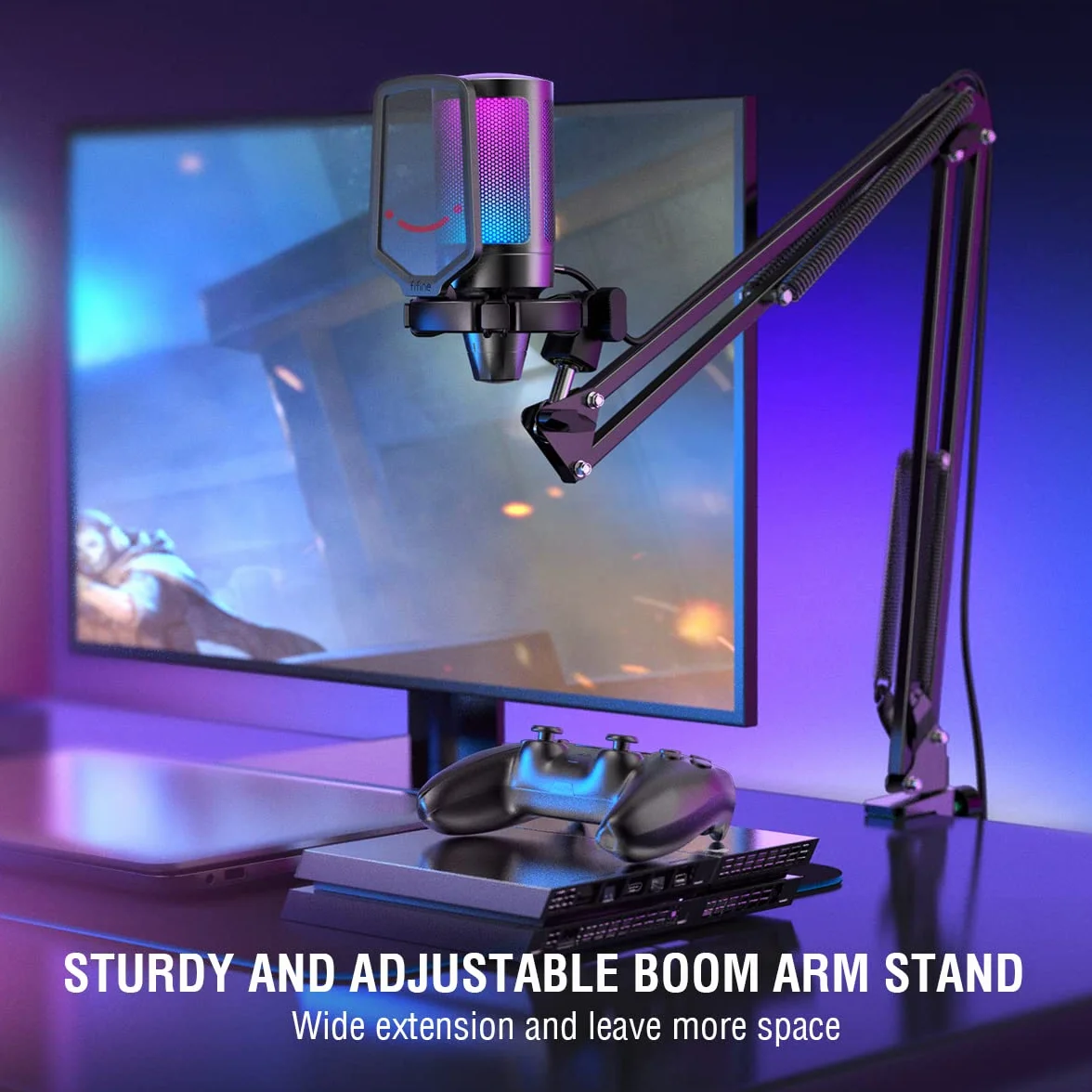 FIFINE Gaming Mikrofon PC mit Arm, USB Microphone Kit mit Stummschalttaste für Podcast Streaming Studio, MAC PS4 PS5