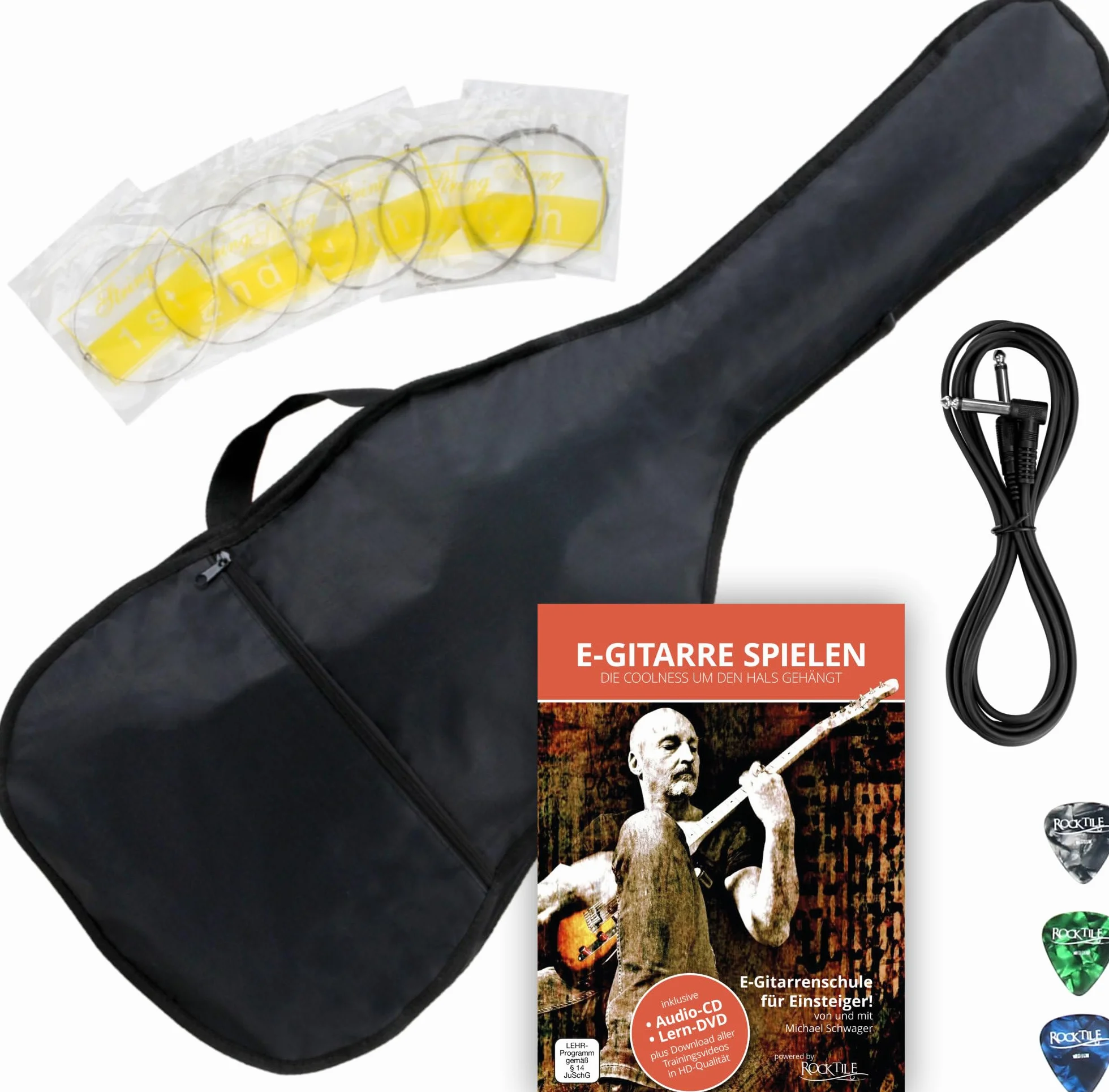 Rocktile Pro L-200BK Deluxe E-Gitarre Black mit Zubehör (Gitarren Gigbag Tasche, Kabel, Plektren, Gitarren Schule mit CD & DVD, Gitarrensaiten)