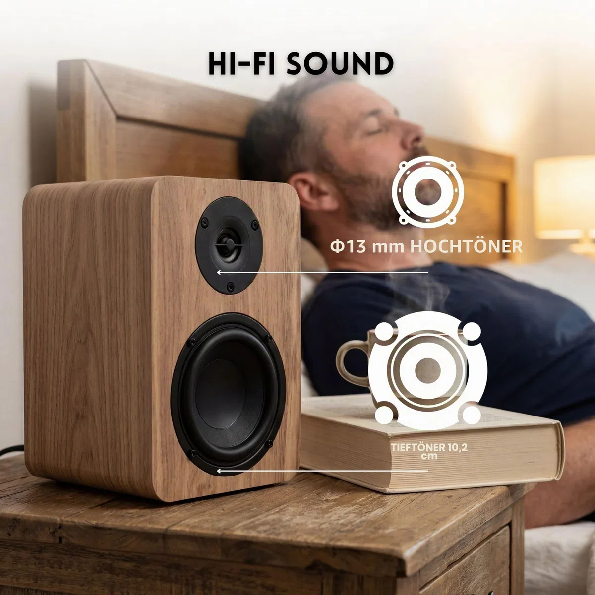 VULKKANO A4 ARC MKII Autoamplifizierte Lautsprecher mit 4" Woofer, Bluetooth 5.0, HDMI ARC, Optik, RCA, USB, mit Subwoofer-Ausgang, Studiomonitore mit elegantem Design, Farbe Braun