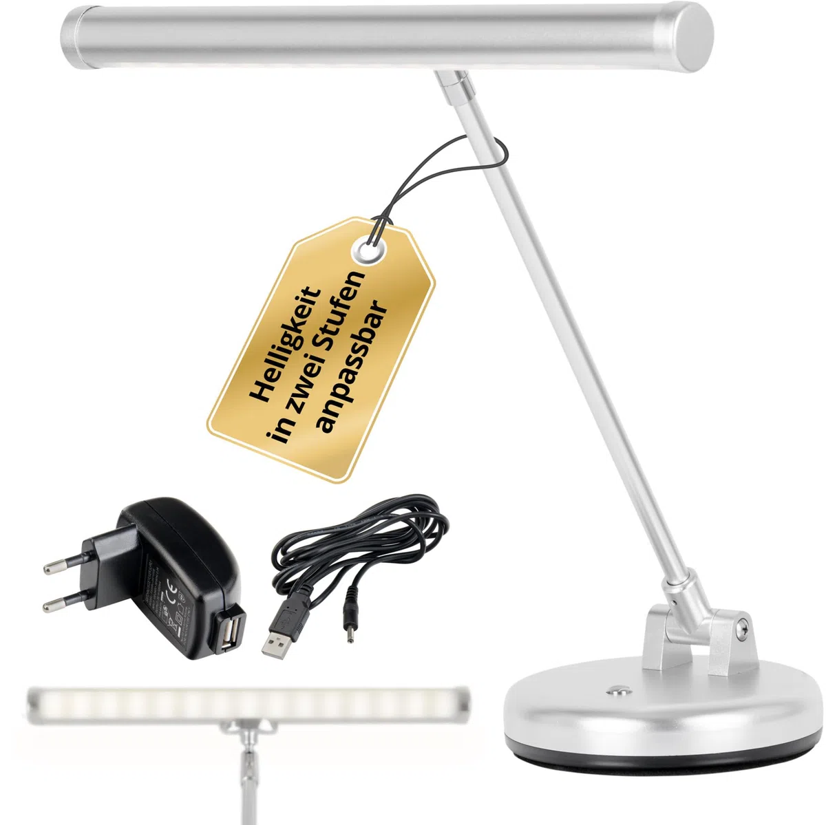 Showlite PL-1-SL-KW LED Klavierleuchte 36 cm kaltweißes Licht 2 Stufen USB Netzstrom Batterie silber matt