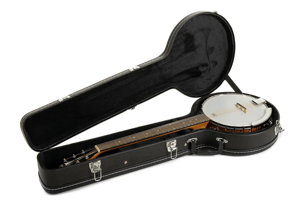 GEWA Gitarren-Banjo 6-saitig Serie Select - Mahagoni-Kessel Ø 33,5cm - Mahagoni-Resonator - inkl. Koffer - REMO Weatherking Fell - Naturfarben - Hochglanzlackiert