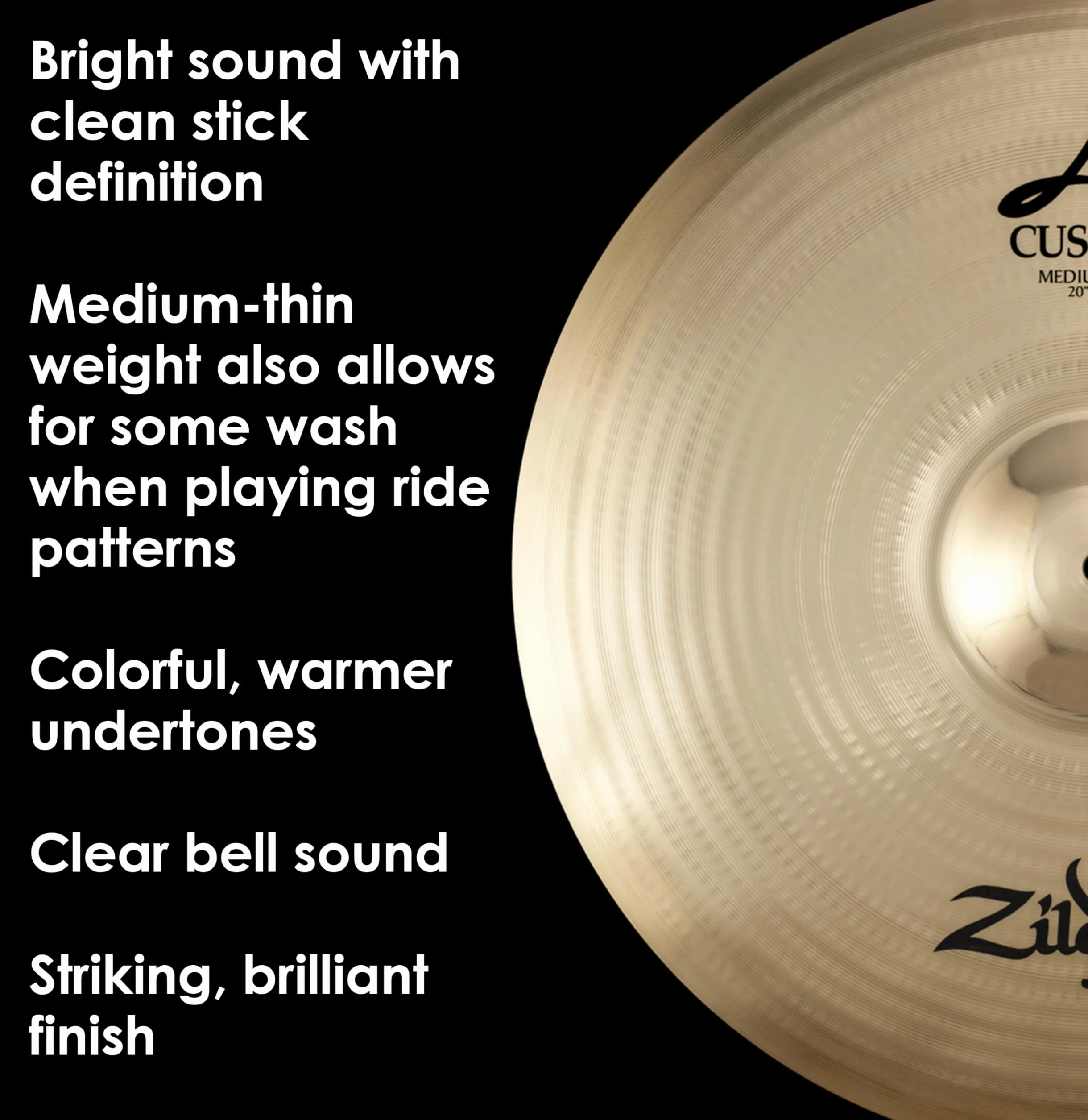 Zildjian A Custom Series - 20" Medium Ride Cymbal - Brilliant Finish, Updated