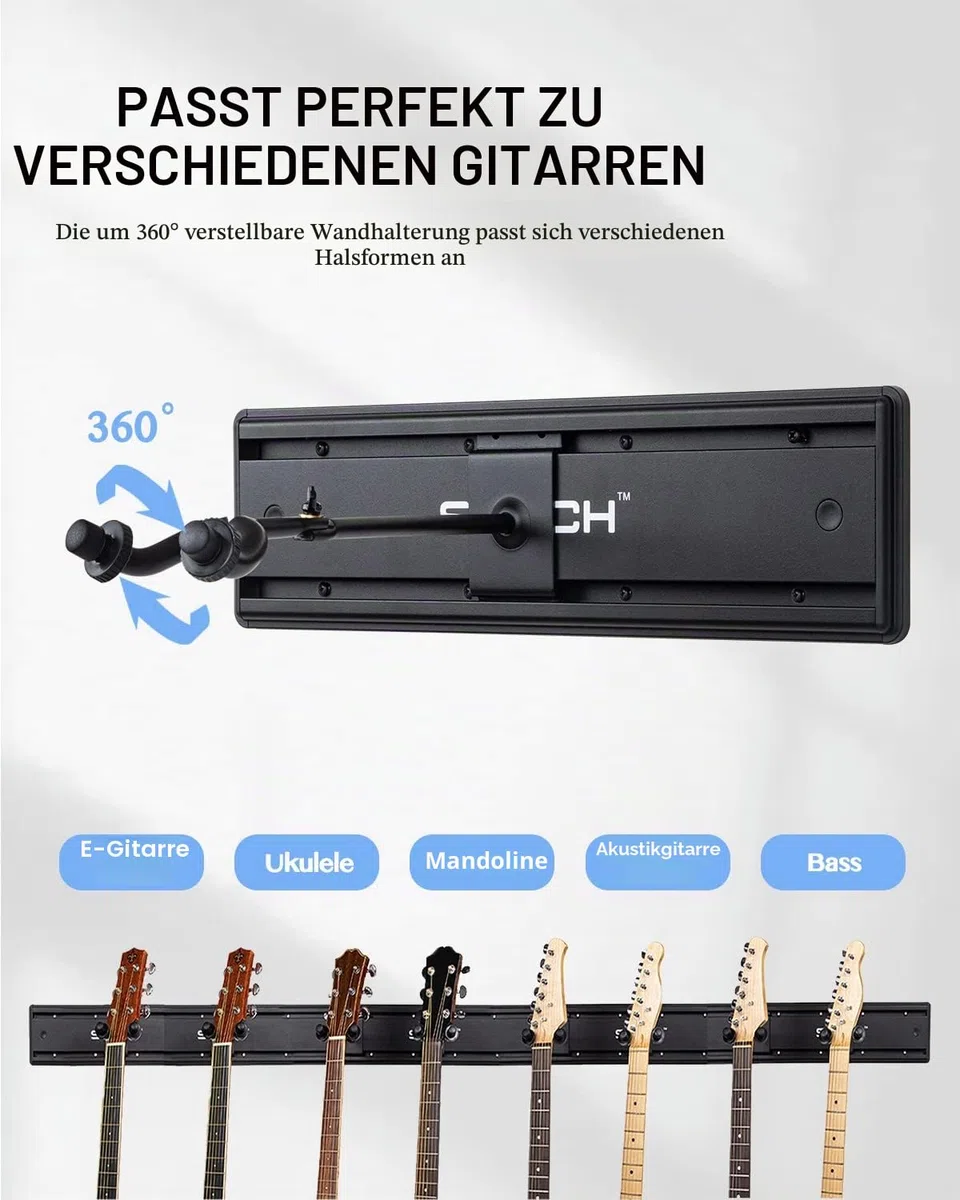 STRICH Gitarren-Wandhalterung, für 8 Gitarren, starker Aluminium-Metall-Gitarrenhalter, verstellbares Gitarren-Display-Set, SMH-08A