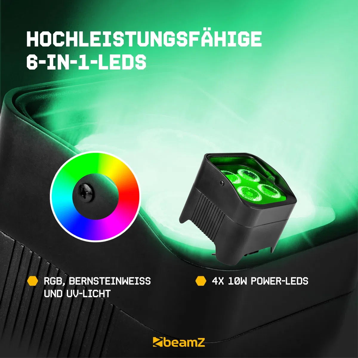 BeamZ BBP94 Uplight LED Par Strahler, 4er Set, 4 x 10 Watt, Akku Bühnenbeleuchtung 4er Set für DJ Pult, Bühnenlicht, DMX-LAN, Partylicht Musikgesteuert, Bühnenequipment, Fernbedienung