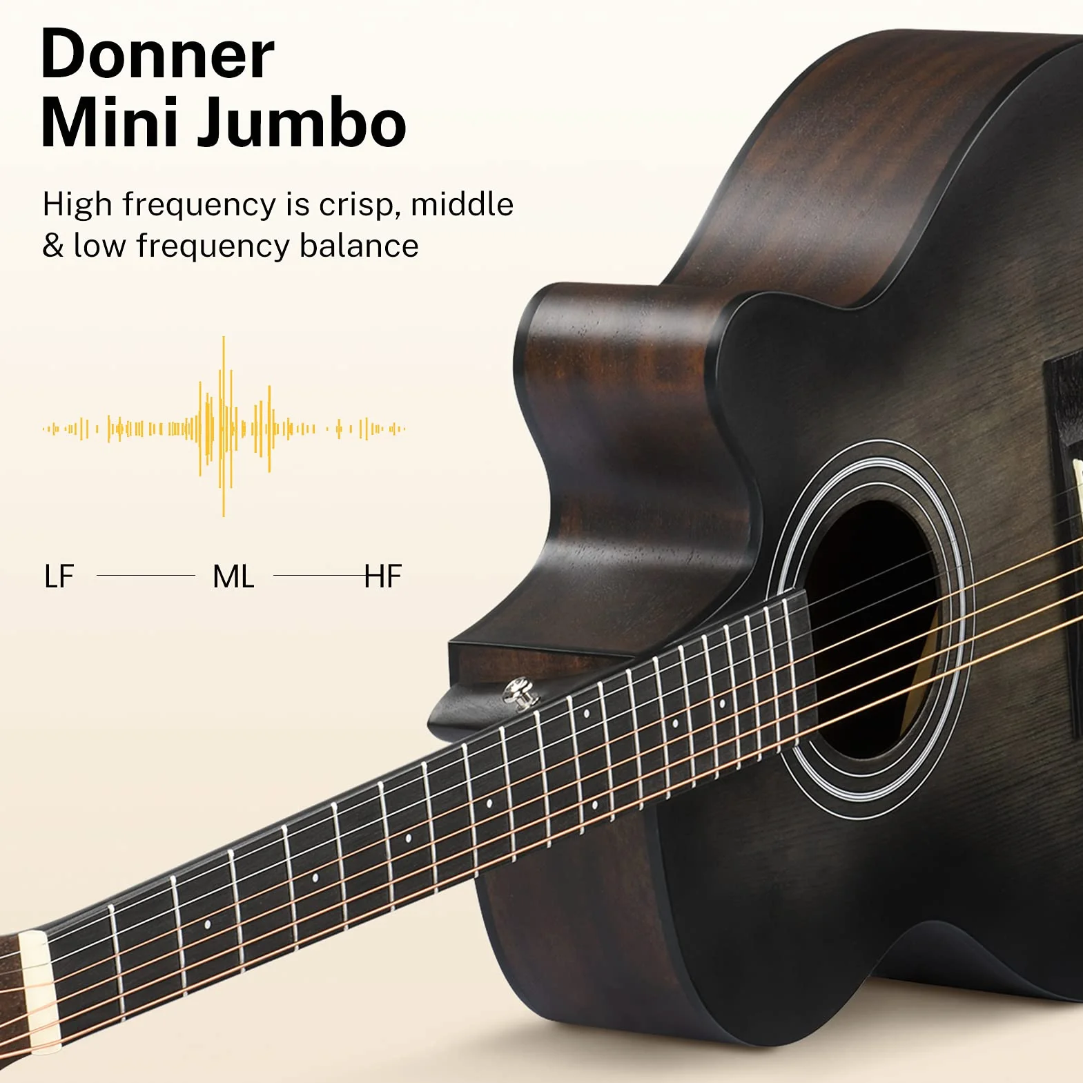 Donner Gitarre Akustik Anfänger Erwachsene Einsteiger Akustikgitarre 4/4 Mini Jumbo Cutaway Gitarren mit Tonabnehmer 6 Stahlsaiten Tasche Capo Plektren Gurt(Schwarz)
