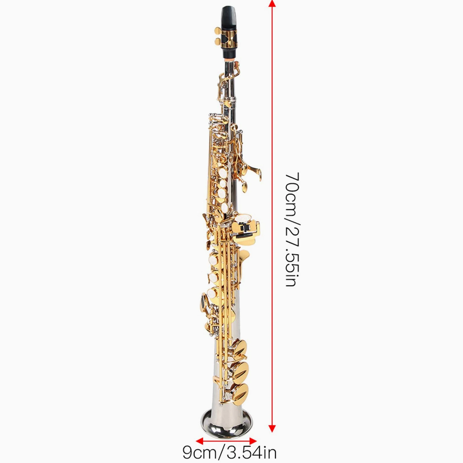 Oumefar-Saxophon aus Messing, 64 X 24 X 16, Professionelles Sopran-Saxophon aus Messing, Gerades Saxophon mit Versilbertem Rohr und Goldenen Tasten, mit Tragetasche