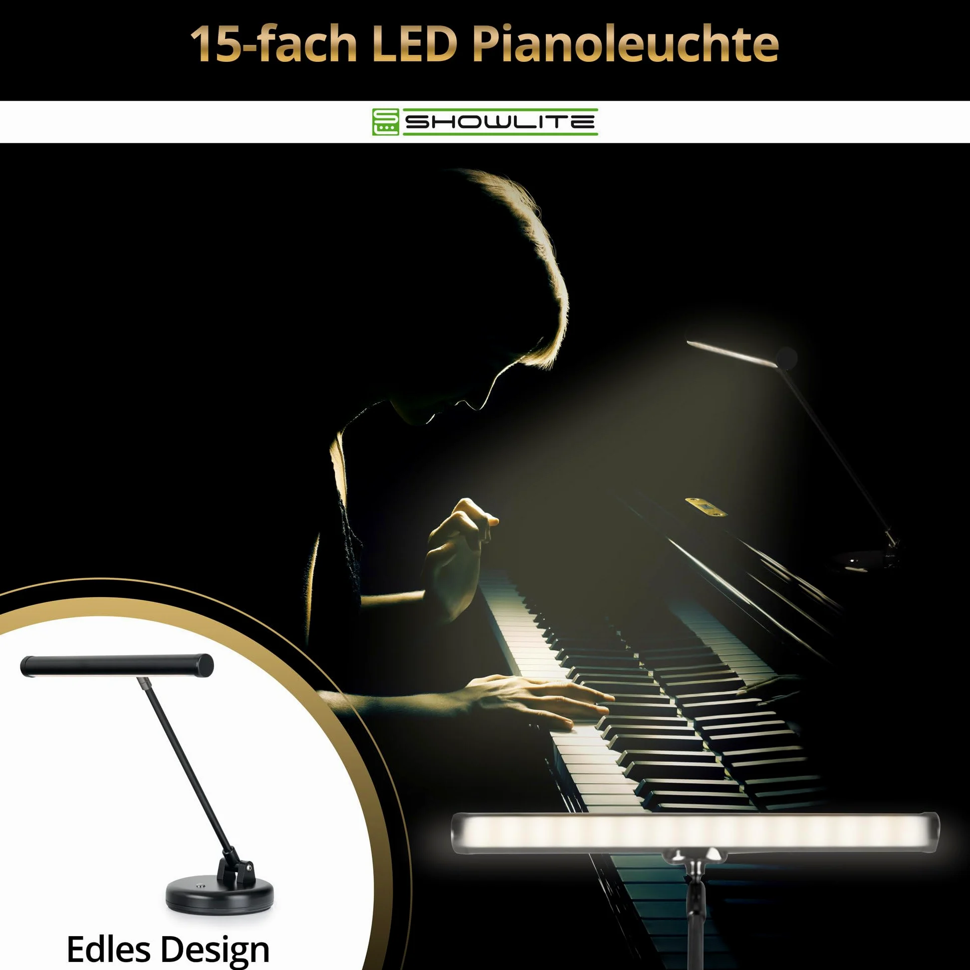Showlite PL-1-BK-KW LED Klavierleuchte - Klavierlampe 15 LEDs warmweiß 2 Stufen 36 cm USB Netzstrom Batterie schwarz