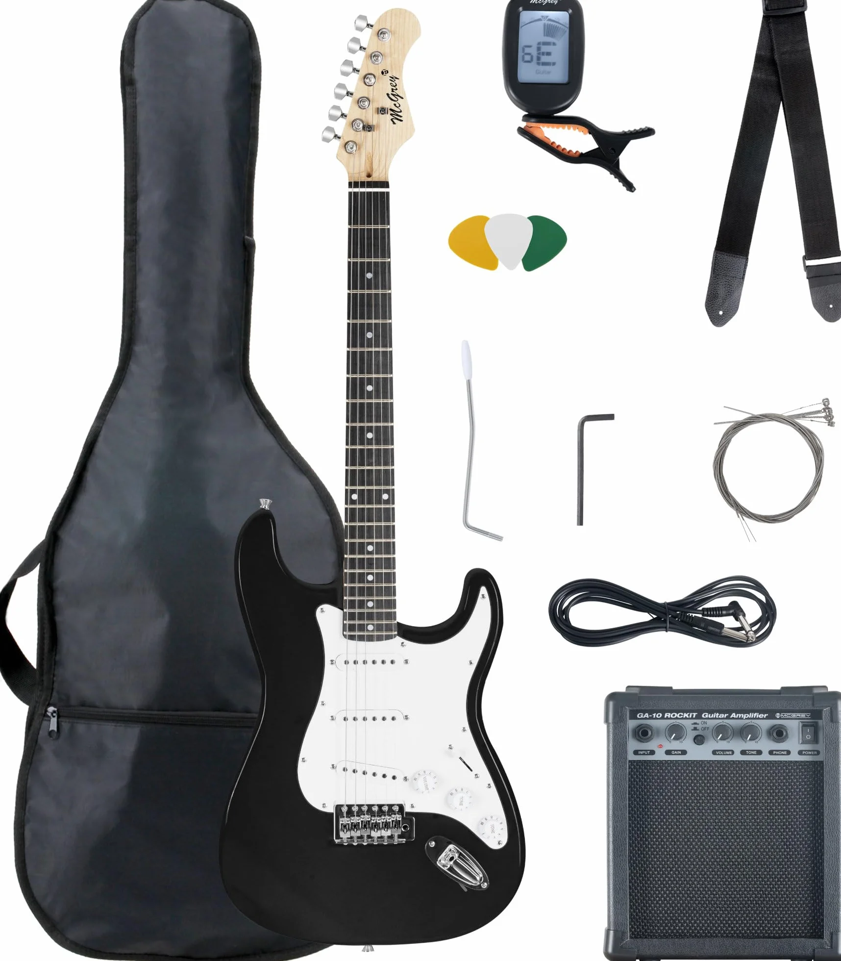 McGrey Rockit ST Komplettset E-Gitarre (8-teiliges Anfängerset mit Gitarre, Verstärker, Ersatzsaiten, Gitarrentasche, Stimmgerät, Plektren, Gurt und Gitarrenkabel) Schwarz