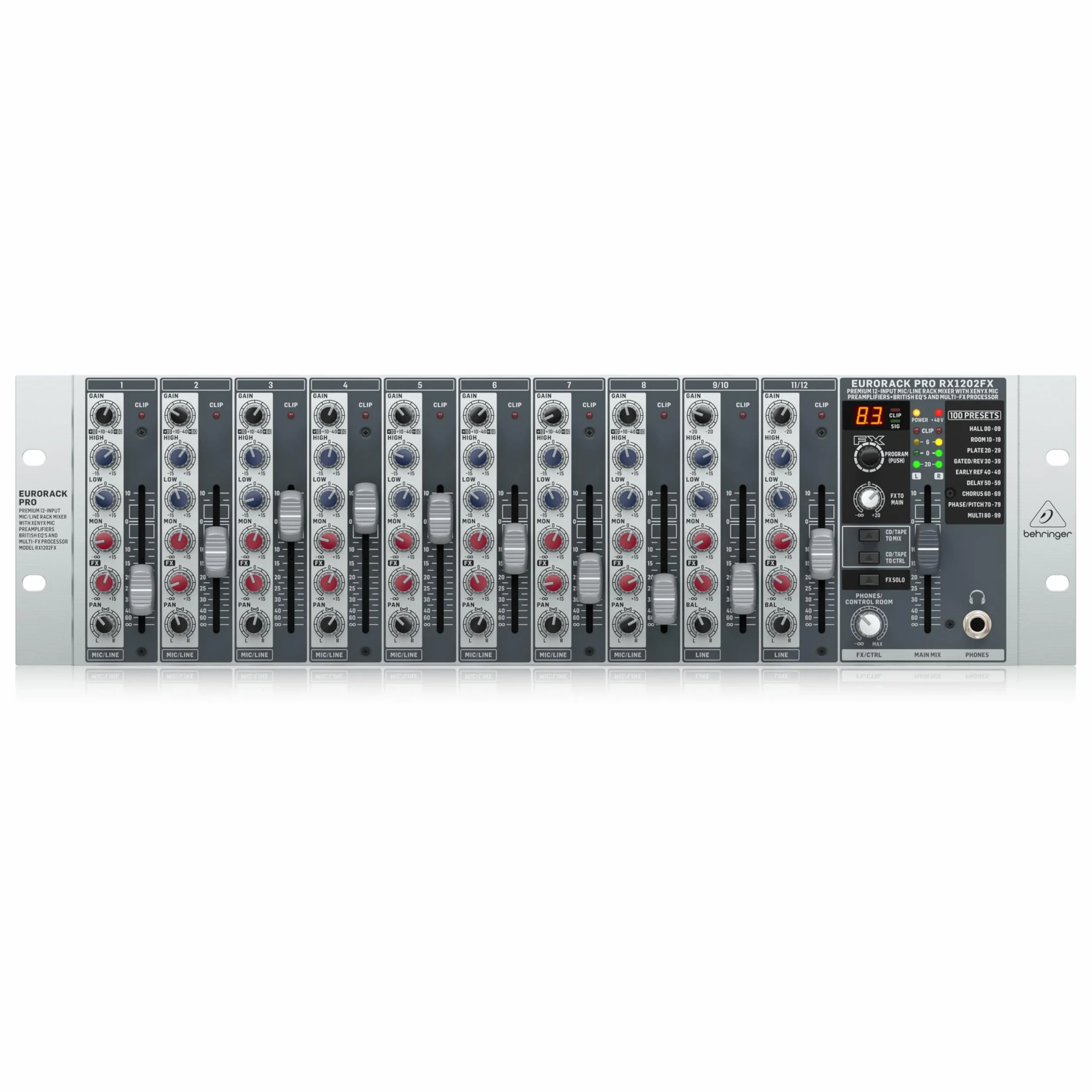 Behringer RX1202FX V2 Premium 12-Eingangs-Mikrofon/Line-Rack-Mixer mit XENYX-Mikrofonvorverstärkern, britischen EQs und Multi-FX-Prozessor