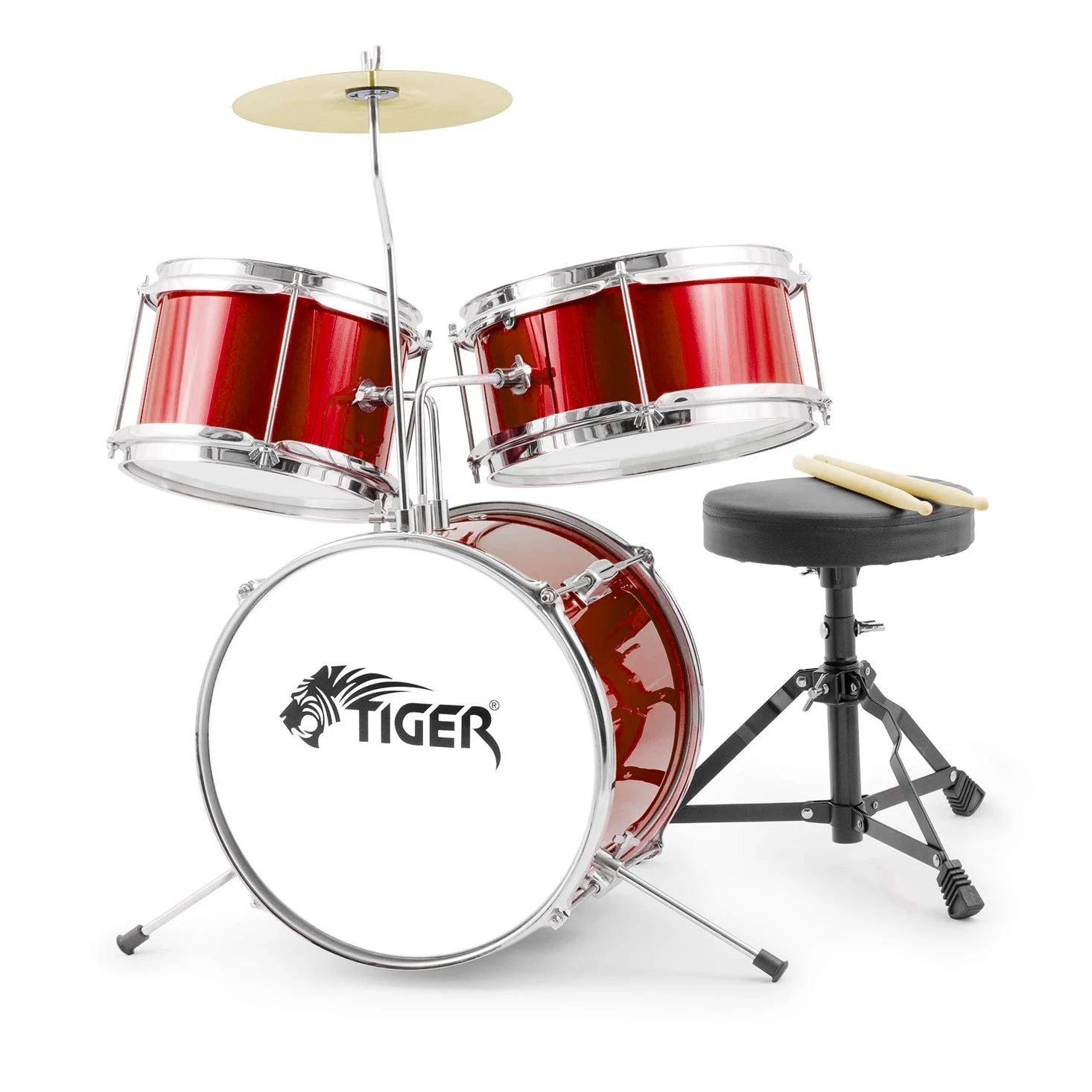 TIGER Junior Kinder-Drumkit, 3 Teile, Anfänger, Kinder-Drumset mit Snare, Tomtom, Bassdrum, Bassdrum-Pedal, Cymbal, Sitz und Sticks, - Red -