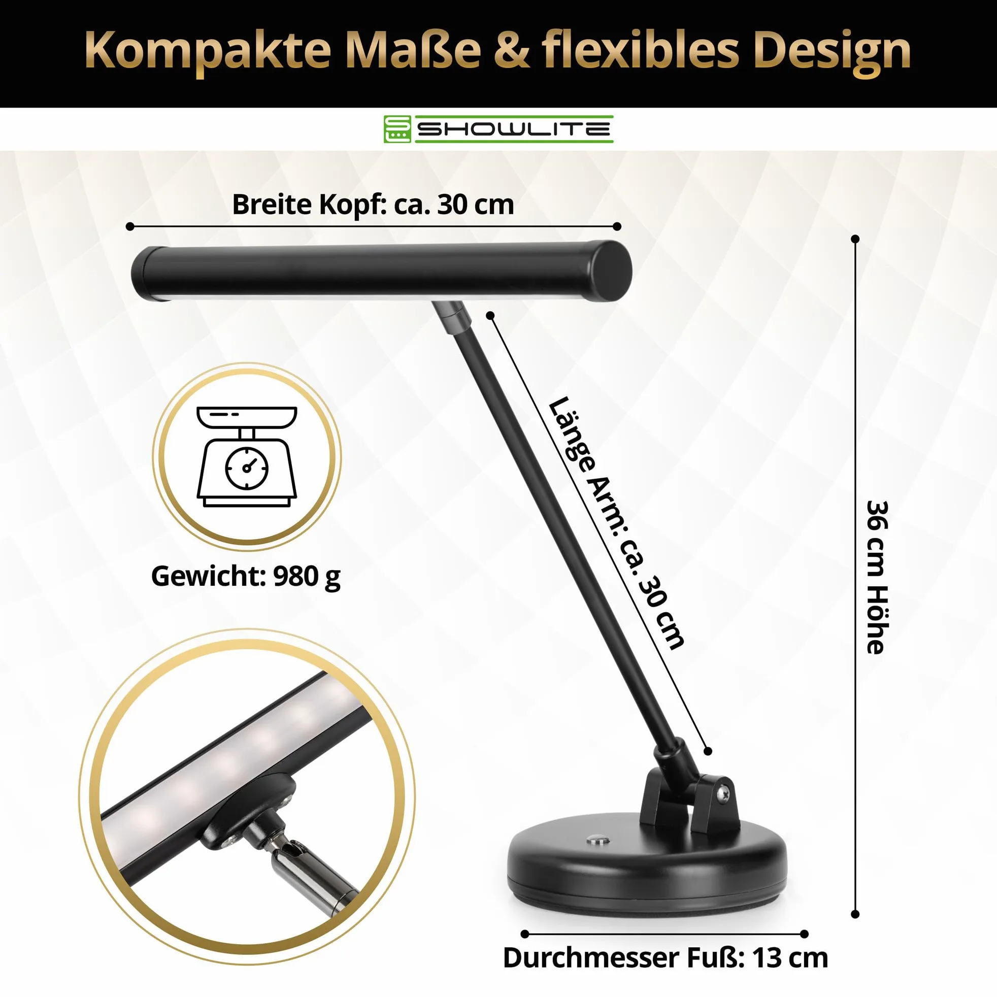 Showlite PL-1-BK-KW LED Klavierleuchte 36 cm kaltweiß 15 LEDs USB Netzstrom Batterie schwarz