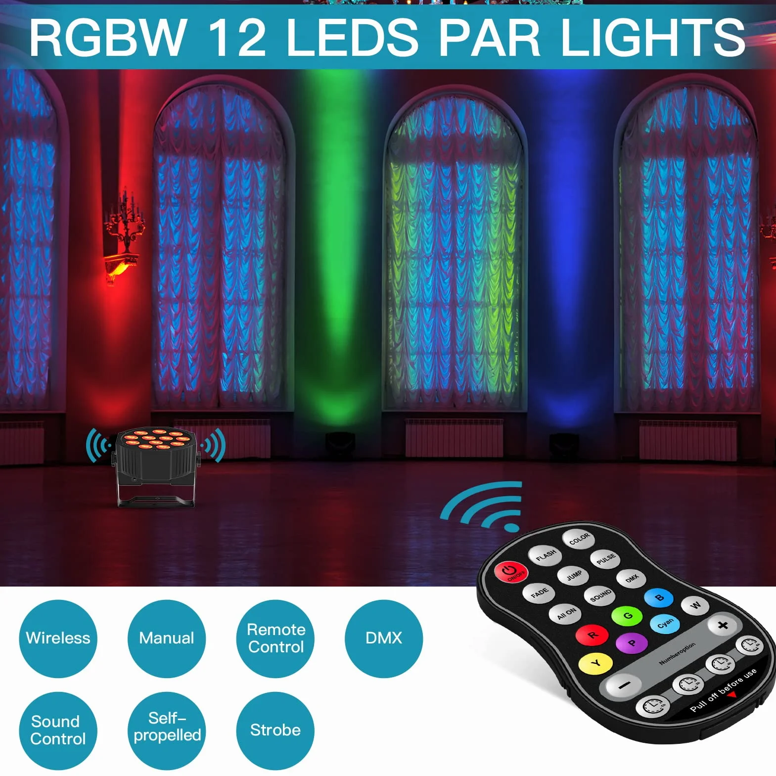 2 PCS RGBW Akku Bühnenlicht, 24W Wiederaufladbare Par Licht mit Funktion Timer und 7 Beleuchtung Modi, 8CH Akku Strahler Outdoor für Hochzeit Bar DJ Show Disco