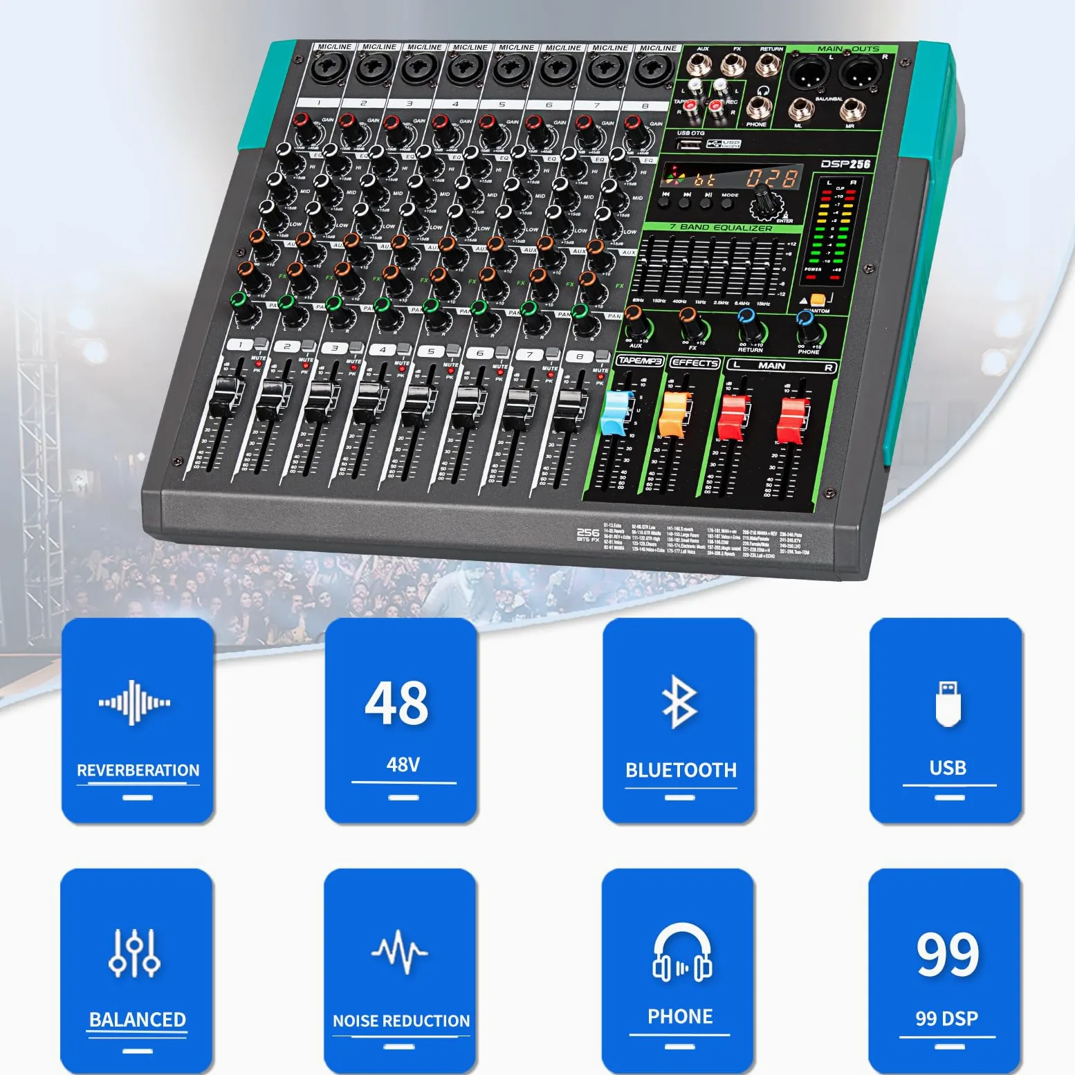 Depusheng PA8 Professioneller Mixer 8 Kanal DJ Konsole mit 256 DSP Effektoptionen Kabellose Bluetooth Verbindung USB Laufwerk 48V Phantomspeisung