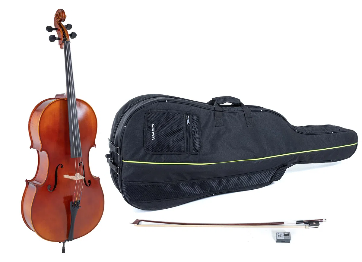 GEWA Cello, Cellogarnitur Serie Ideale VC2-4/4 Spielfertig, inkl. Tasche, Massaranduba Bogen, Larsen Aurora Saiten
