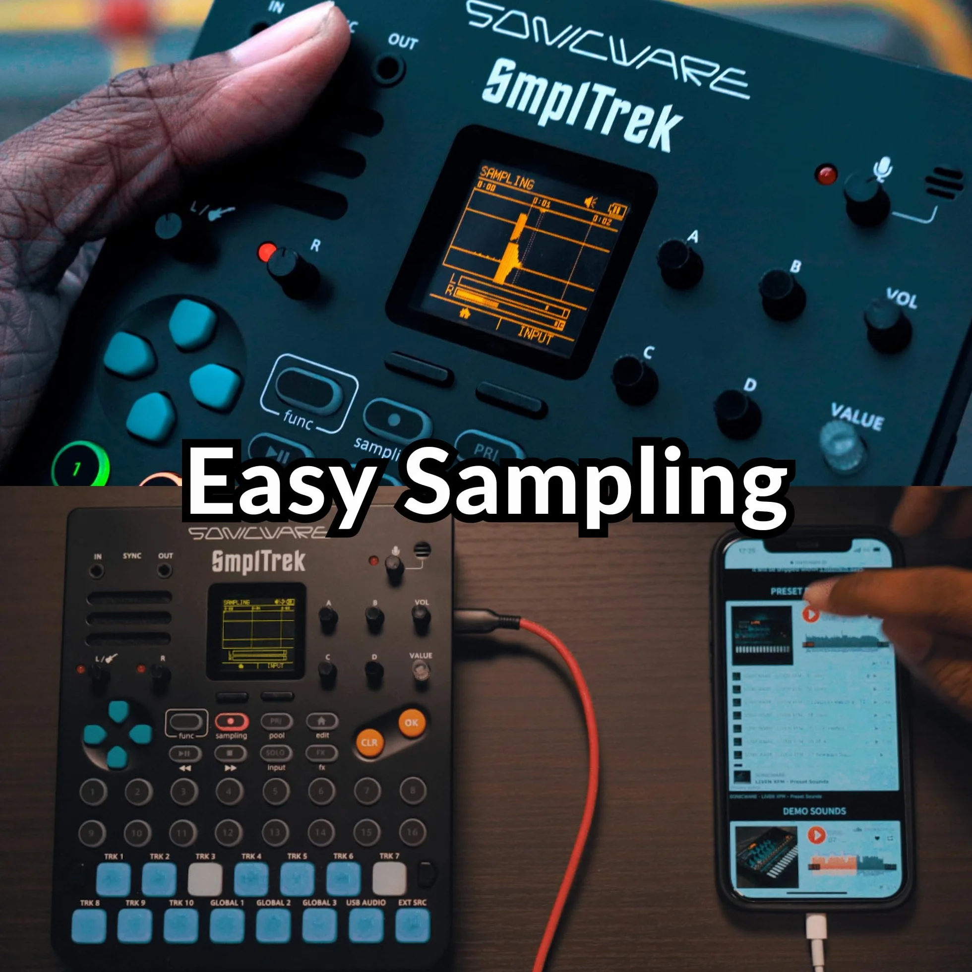 Sonicware SmplTrek [Sampler & Groovebox] 48kHz-16bit Sampler, 30 polyphone Stimmen, 10 Sequenzerspuren, 35 Effekte, 10 Kanalmixer, 15 anschlagdynamische Pads mit RGB LEDs