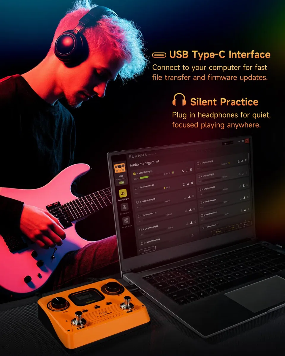 FLAMMA FF20 Looper-Pedal mit integrierter Drum-Maschine – 300 Min Stereo-Aufnahme, 220 Drum-Grooves, 100 Speicherplätze, Time-Stretch, Auto-Record, USB & Kopfhörerausgang – für Gitarre & Bass