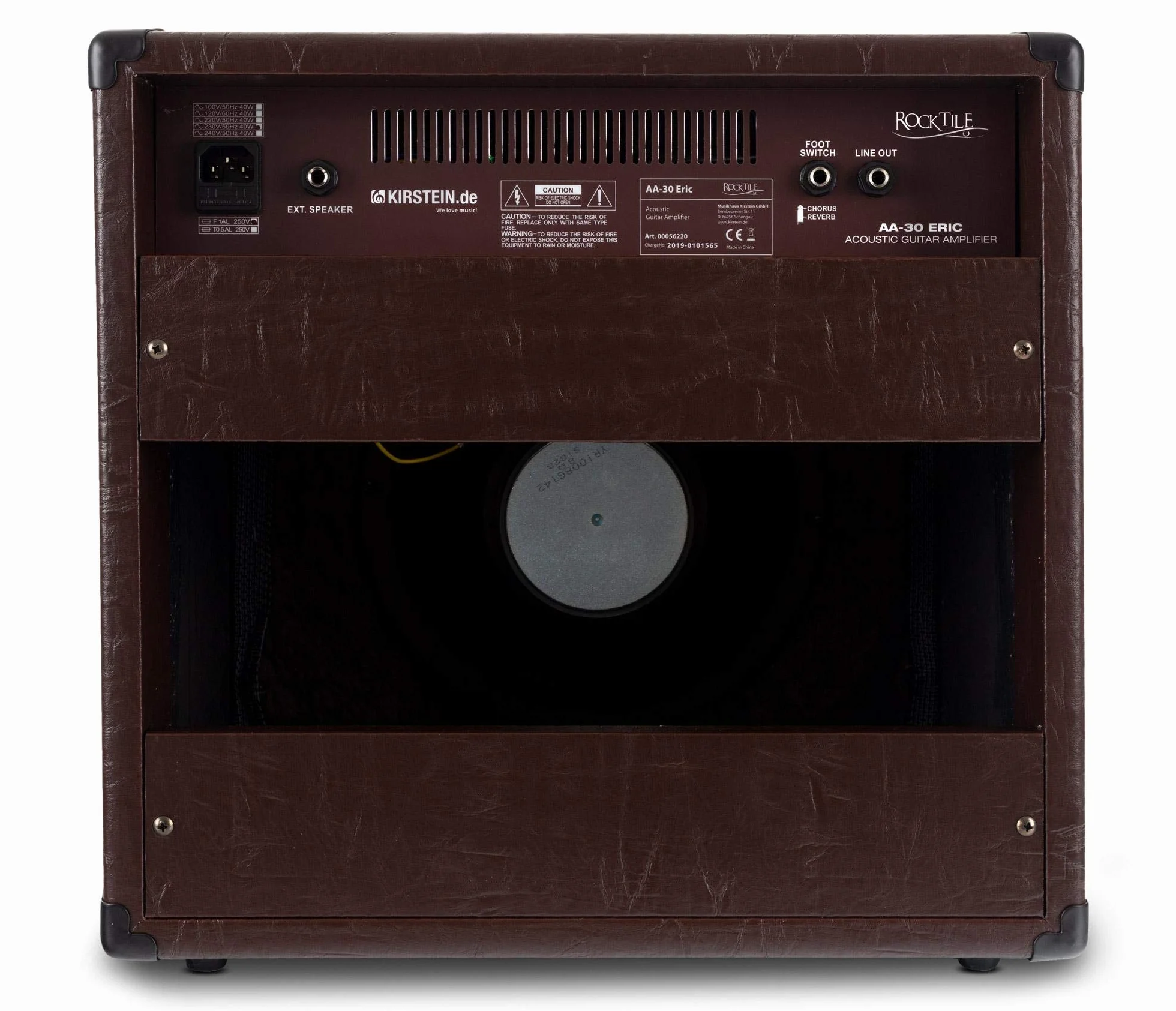 Rocktile AA-30 BN Eric Akustikverstärker - 30 Watt - 2 Kanäle (Mikrofon und Gitarre) - 10" Speaker + 2,5" Hochtöner - AUX-Eingang und Line Out - Chorus- und Hall-Effekt - Braun