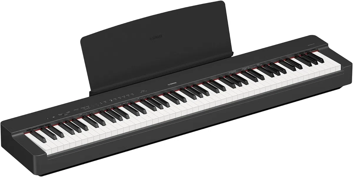 Yamaha P-225 Digital Piano, Schwarz & RockJam Double Braced Adjustable Keyboard Stand with Locking Straps