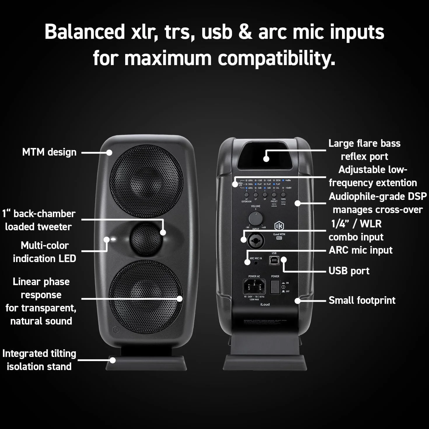 IK Multimedia iLoud MTM MKII - Pair of new generation compact hi-end studio monitors with built-in ARC room correction, speaker emulation, 100W power. Includes ARC calibration microphone. Black.
