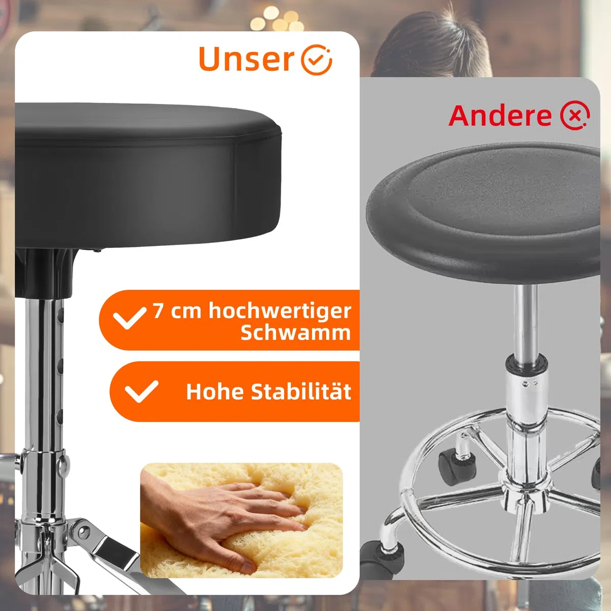AKOZLIN Drumhocker mit gepolstertem Sitz, höhenverstellbar 38-55 cm | Runde Sitzfläche, Robustes Dreibeingestell, Rutschfeste Gummifüße, Klappbar, Für Schlagzeuger, Percussionisten und Keyboarder