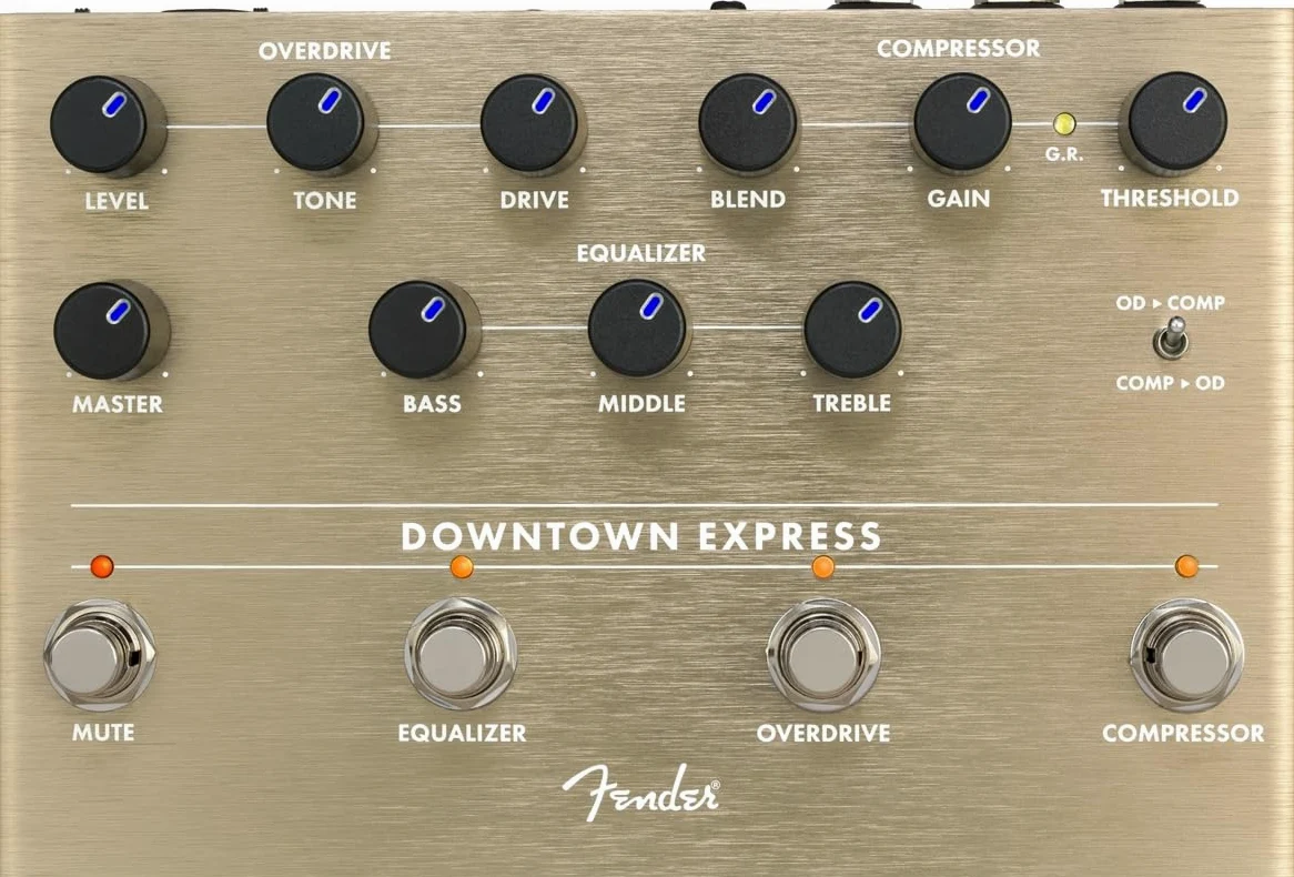 Fender Downtown Express Bass Multi-Effektpedal, Kompressor, Overdrive, 3-Band EQ, Direktausgang, LED-beleuchtete Regler, Effektreihenfolge-Umschalter
