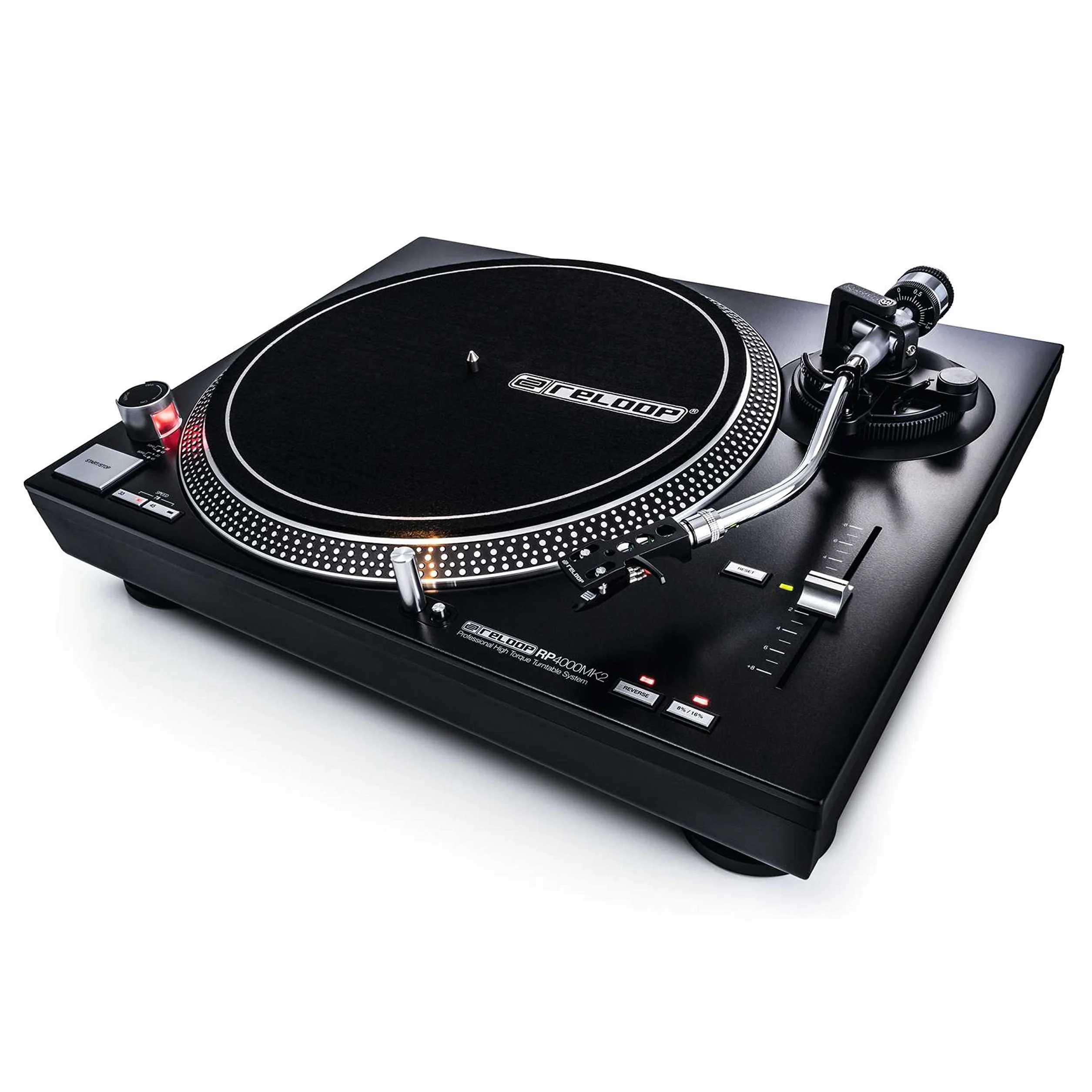 Reloop RP-4000 MK2 - DJ Plattenspieler mit starkem Torque Direktantrieb, Inkl. Plattenteller, OM Black Tonabnehmersystem, Headshell, Slipmat und Gegengewicht, schwarz