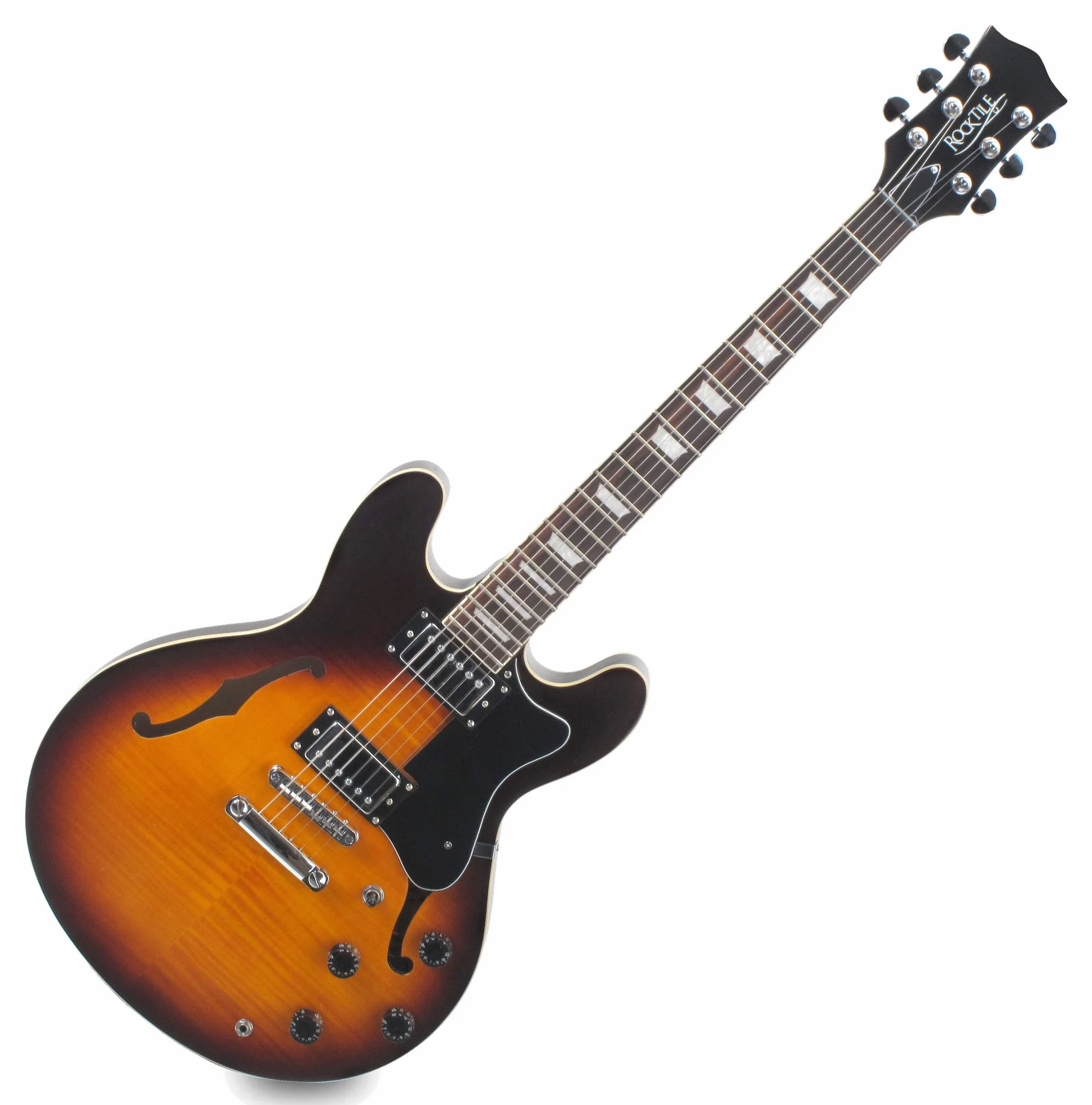 Rocktile Pro HB100-SB E-Gitarre (Halbresonanz/Hollowbody Korpus, 2 Humbucker, Rosenholz Griffbrett, Ahorn Hals, Mensur: 65 cm, Sattelbreite: 43 mm) Sunburst
