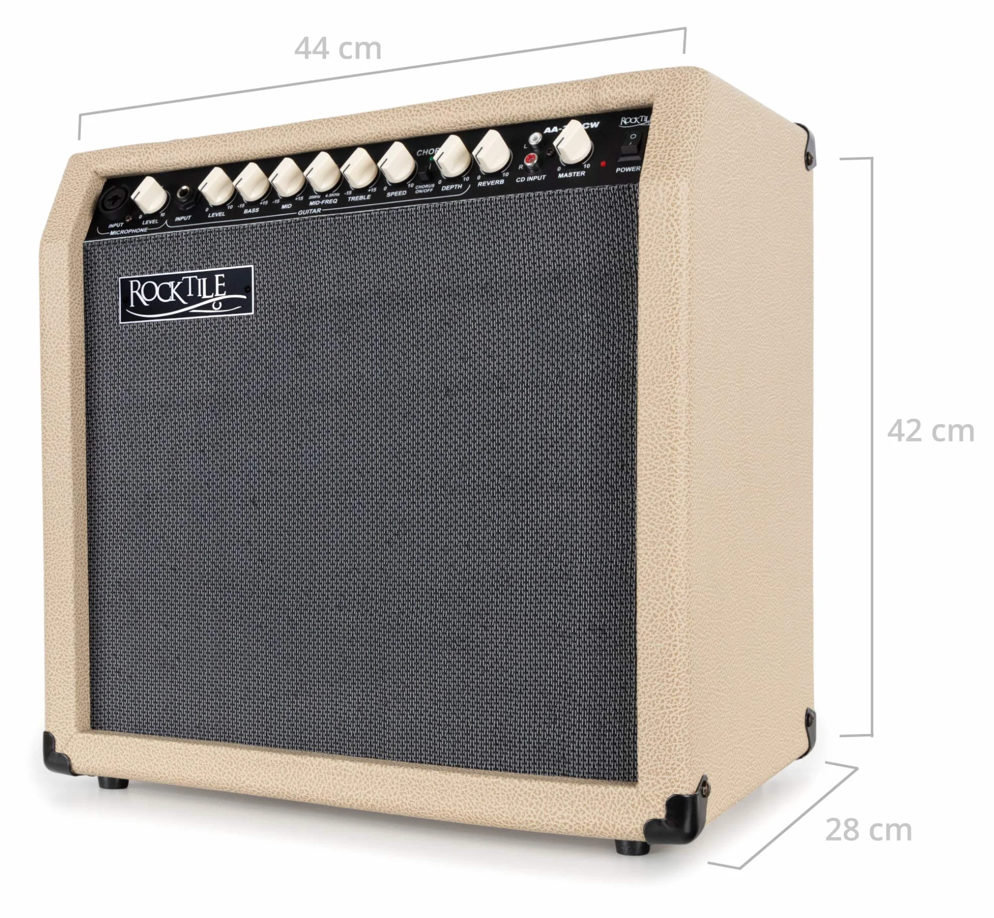 Rocktile AA-30 CW Eric Akustikverstärker - 30 Watt - 2 Kanäle (Mikrofon und Gitarre) - 10" Speaker + 2,5" Hochtöner - AUX-Eingang und Line Out - Chorus- und Hall-Effekt - Creme