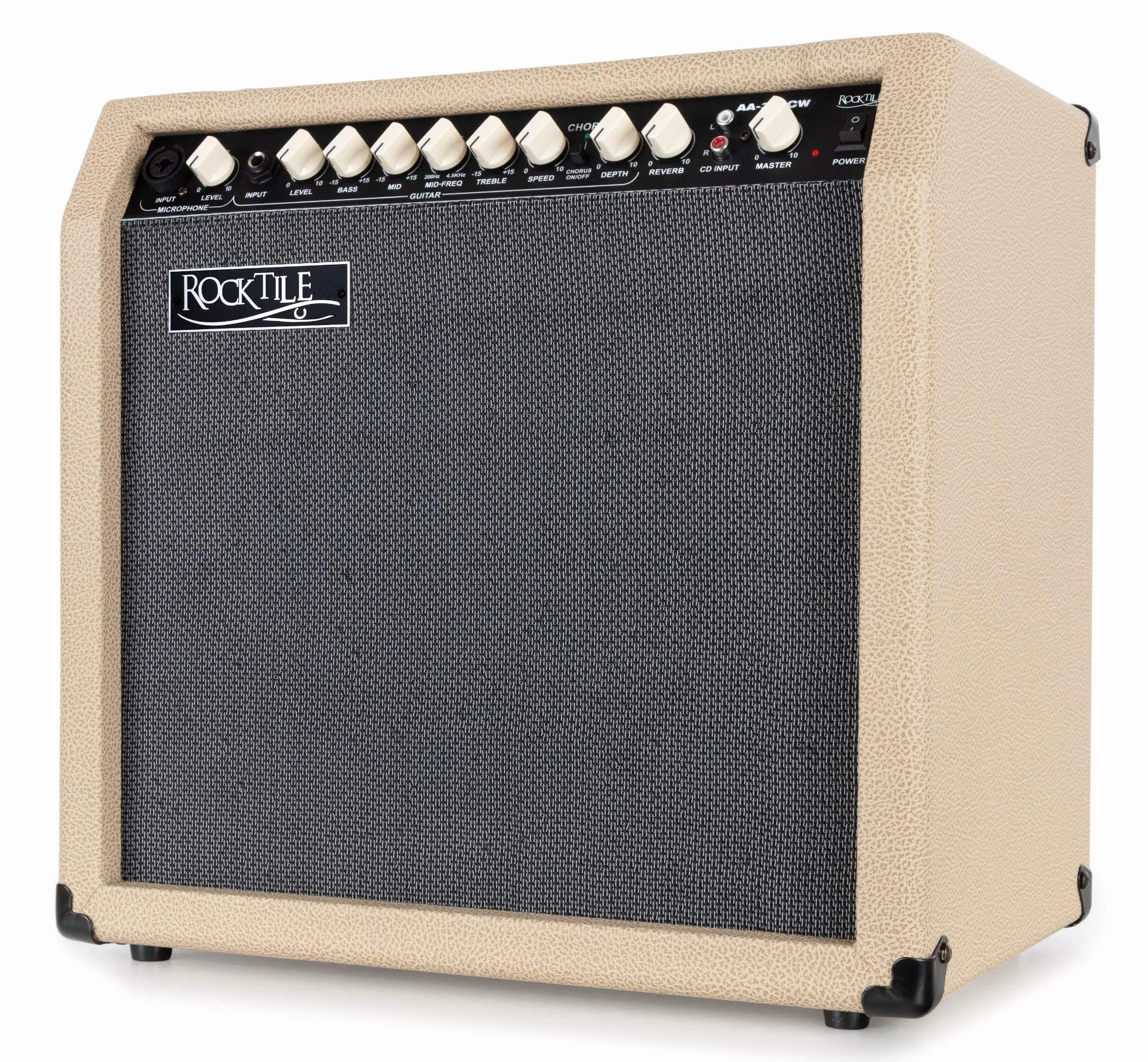 Rocktile AA-30 CW Eric Akustikverstärker - 30 Watt - 2 Kanäle (Mikrofon und Gitarre) - 10" Speaker + 2,5" Hochtöner - AUX-Eingang und Line Out - Chorus- und Hall-Effekt - Creme