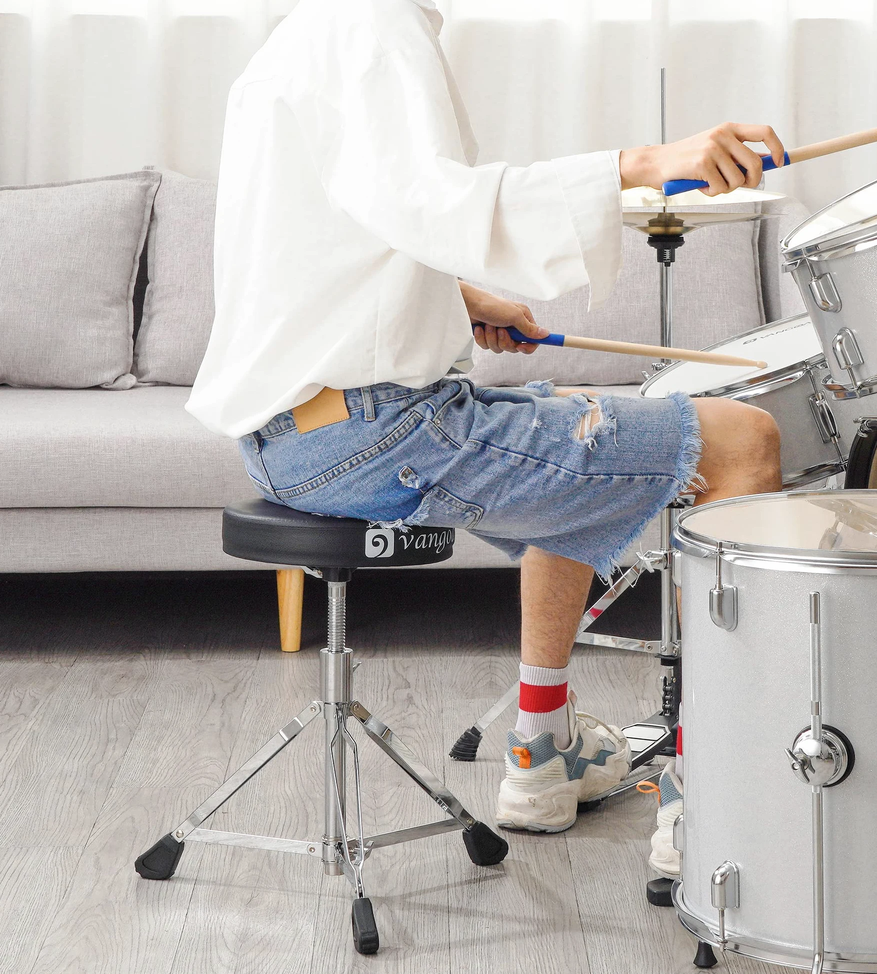 vangoa Drums Hocker mit Trommelstöcken,Schlagzeughocker Klappbarer,Leichter,Höhenverstellbarer,45-60cm,Runde Dick Gepolstert Gummifüßen Schlagzeug Kinder Erwachsener