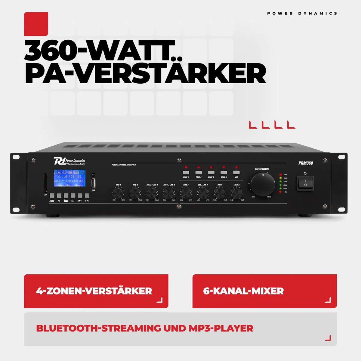 Power Dynamics PRM360 PA Endstufe - Verstärker für Lautsprecher und Musikanlagen, 100 Volt System, 360 Watt PA Verstärker, Bluetooth, MP3-Player, USB, SD, 2x Mic, Soundverstärker