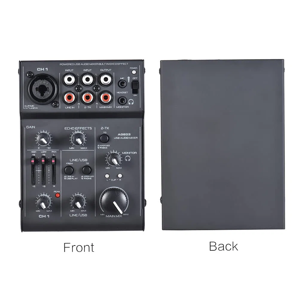 AGE03 5-Kanal Mini Mic-Line Mischpult USB Audio Interface Mixer mit eingebautem Echo-Effekt USB Verstärktes DJ Netzwerk für Aufnahme Live Streaming Karaoke